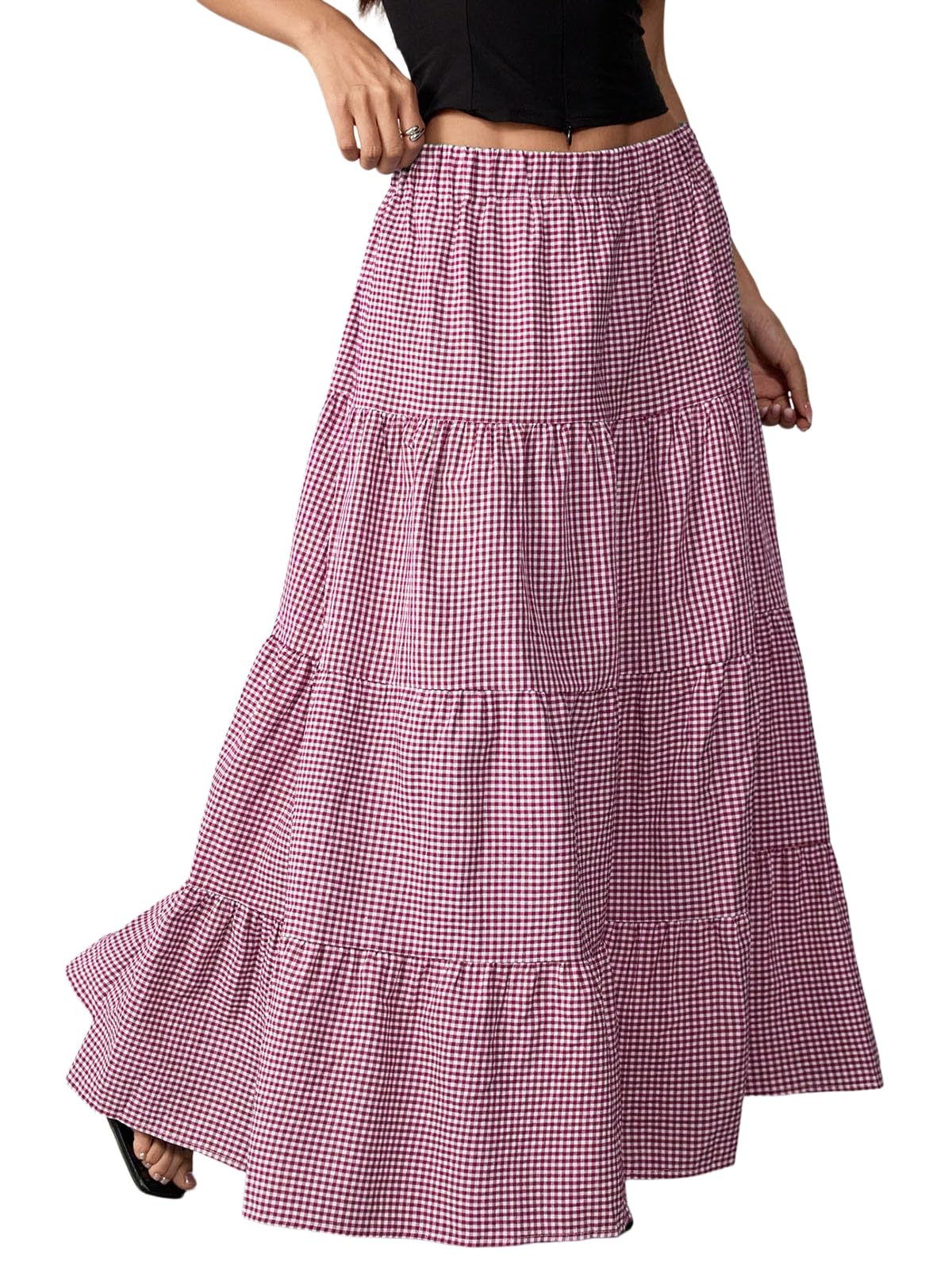 TITOMD Womens Maxi Skirt Summer Long Skirts Plaid A Line Pleated Vacation Outfits Flowy High Waist 2026 Flared