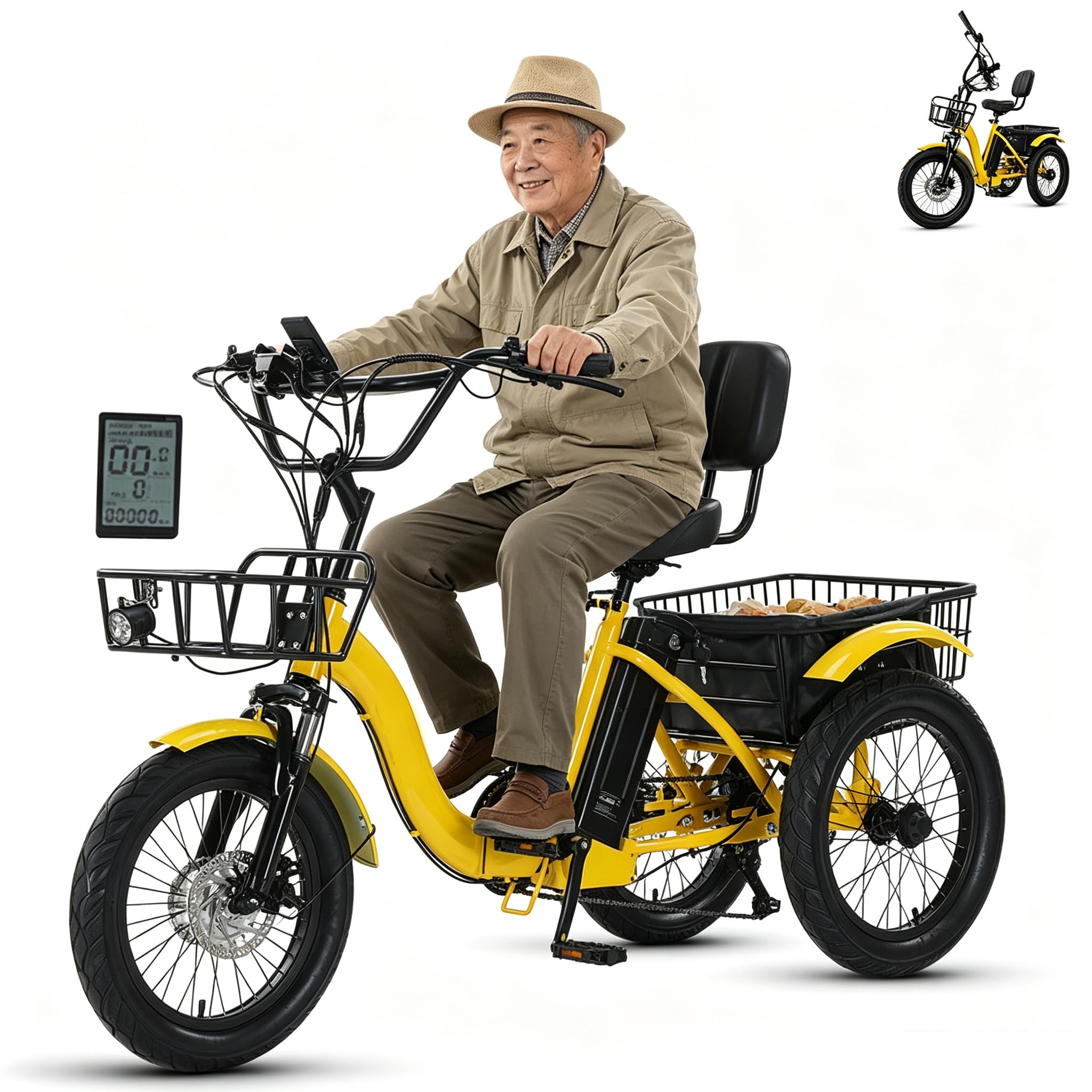 YMLUKzun 18" Foldable Pedal Tricycle Adult 7-Speed 48V 13Ah Fat Wheel E Trike Electric Bike with Cargo Basket, Elderly Friendly, Easy Climbing, Step-Thru, Comfortable Rides, Mileage: 44km Yellow