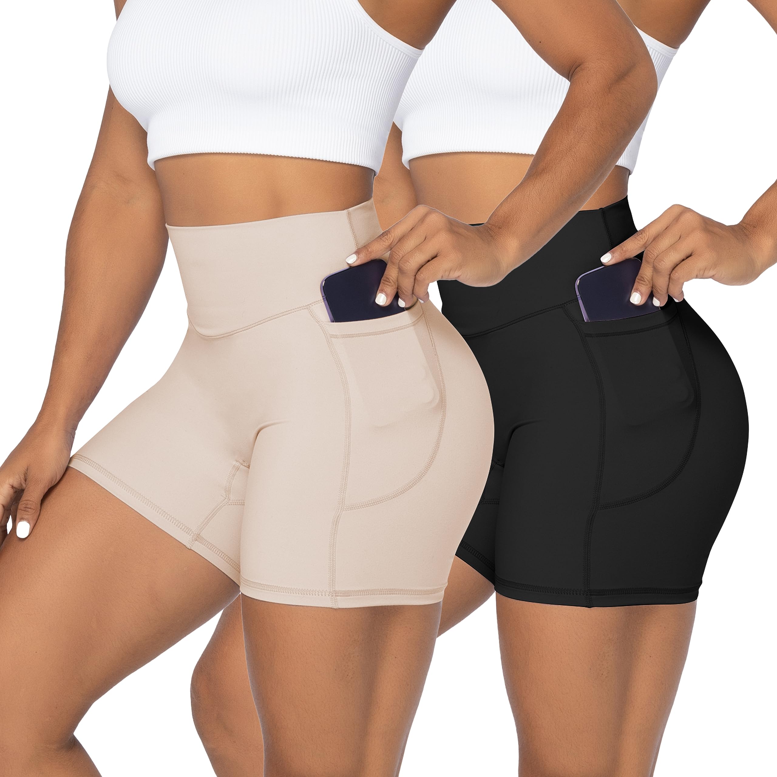 Sunzel Short cycliste pour femmes, sans couture devant, avec poches, yoga, entraînement, gym, short cycliste avec contrôle du ventre, Noir + Beige (pack de 2), XPetit