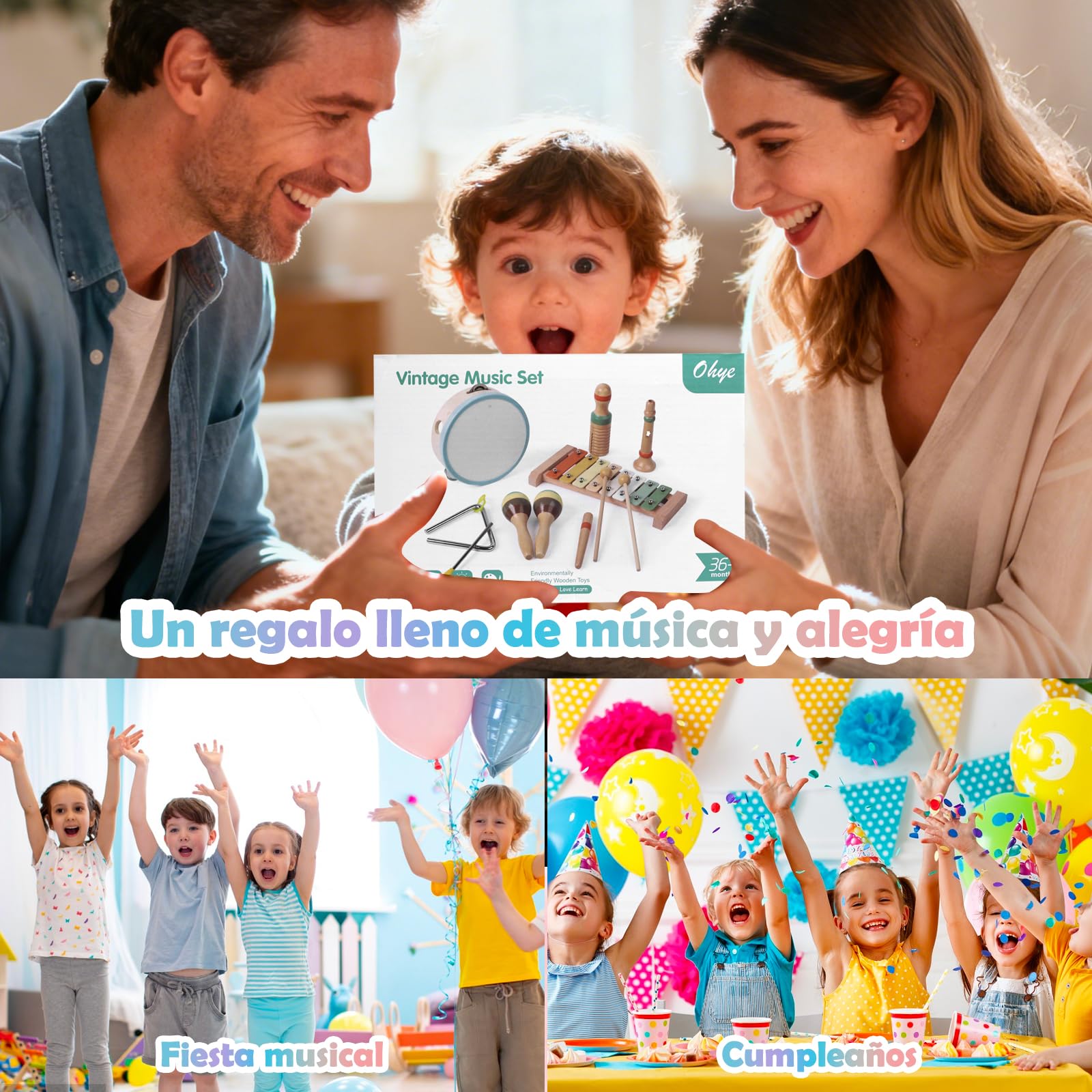 Instrumentos Musicales de Madera para Niños de 3 4 5 Años, Set Montessori de 12 Piezas con Xilófono, Pandereta, Maracas, Triángulo y Güiro, Percusión Infantil