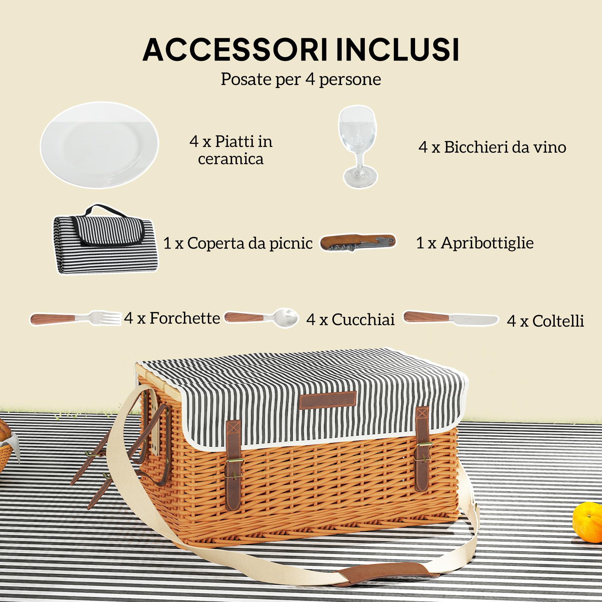 Outsunny Cestino da Picnic in Vimini per 4 Persone con Tavolino, Cesto Picnic con 4 Piatti, 12 Posate, 4 Bicchieri, Coperta e Cavatappi, 51x33x25 cm, Marrone Chiaro