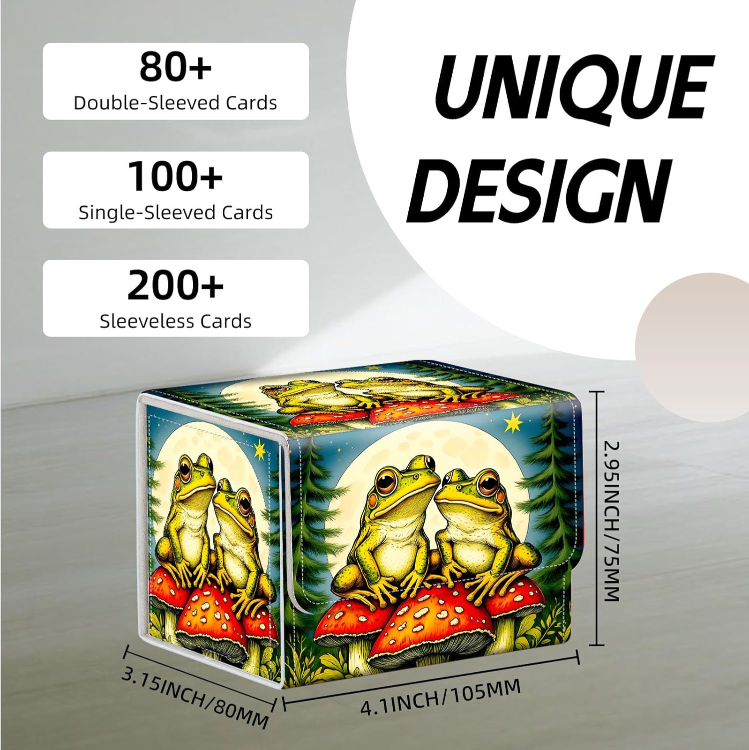 Trading Card Storage Box, Premium PU Leather with Magnetic Closure, Holds 100+ for MTG Cards, Frogs Sitting On Mushroom Durable Deck Box for Magic the Gathering, Trading Card Games