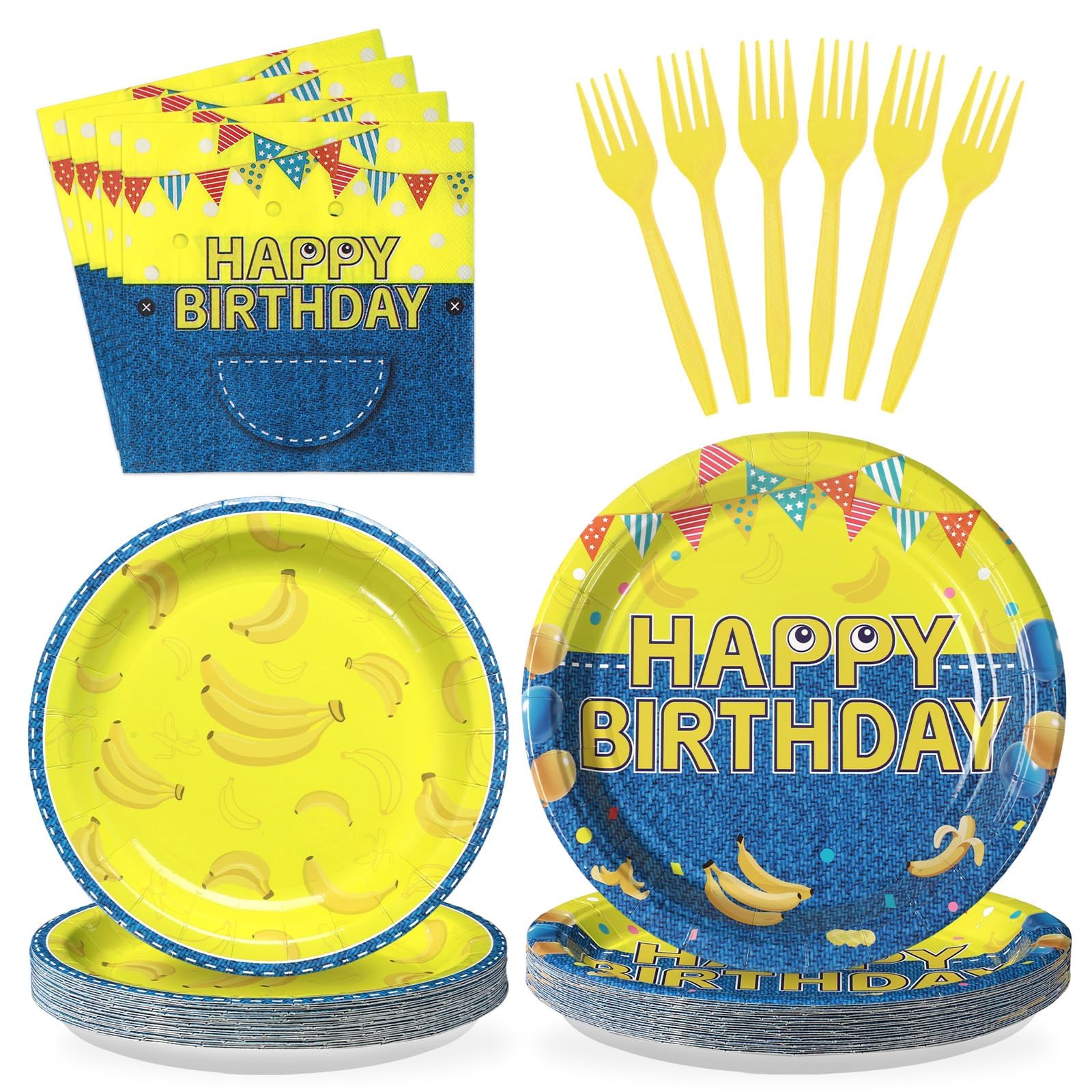 96Pcs Yellow Cartoon Banana Party Decorations, Serves 24