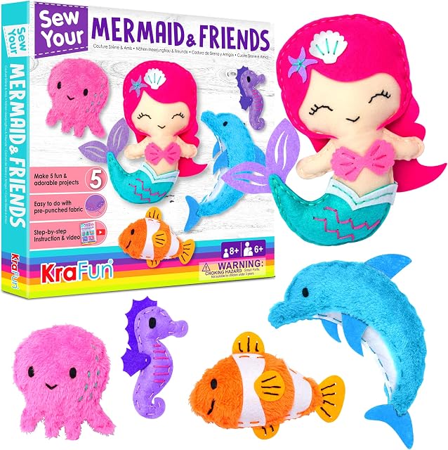 KRAFUN Mermaid Sea Animals Beginner Sewing Kit for Kids Craft kit, Includes 5 Plush Dolls, Instructions & Felt Materials for Learn to Sew, Embroidery Skills, Gift for Girls Educational