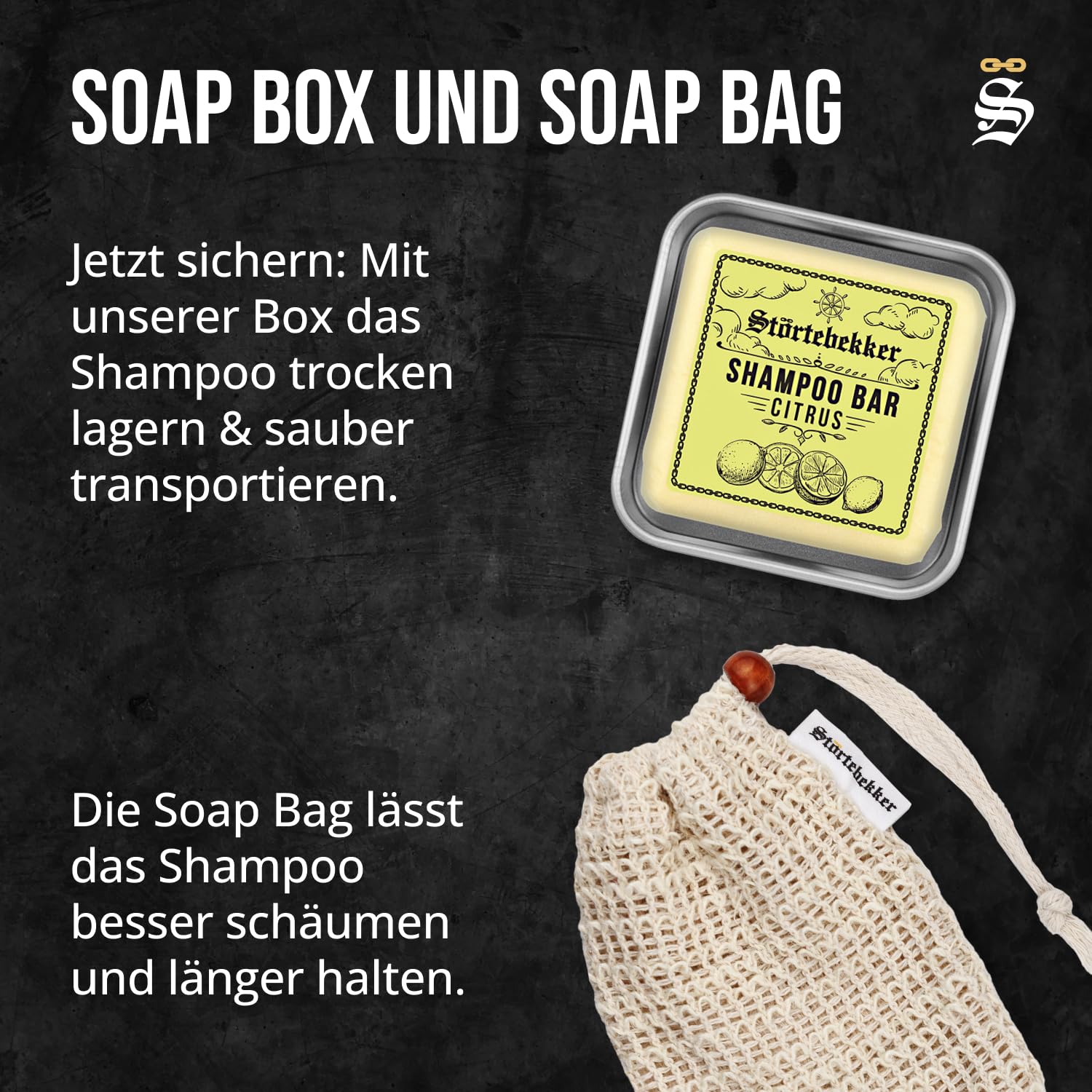 Störtebekker® Premium Dusch Routine Set - Festes Shampoo Citrus (x3), Sisalsäckchen, Seifendose + Tagescreme - Shampoo Bar Set für Haare, Kopfhaut & Bart - Handgefertigt in Seifenmanufaktur