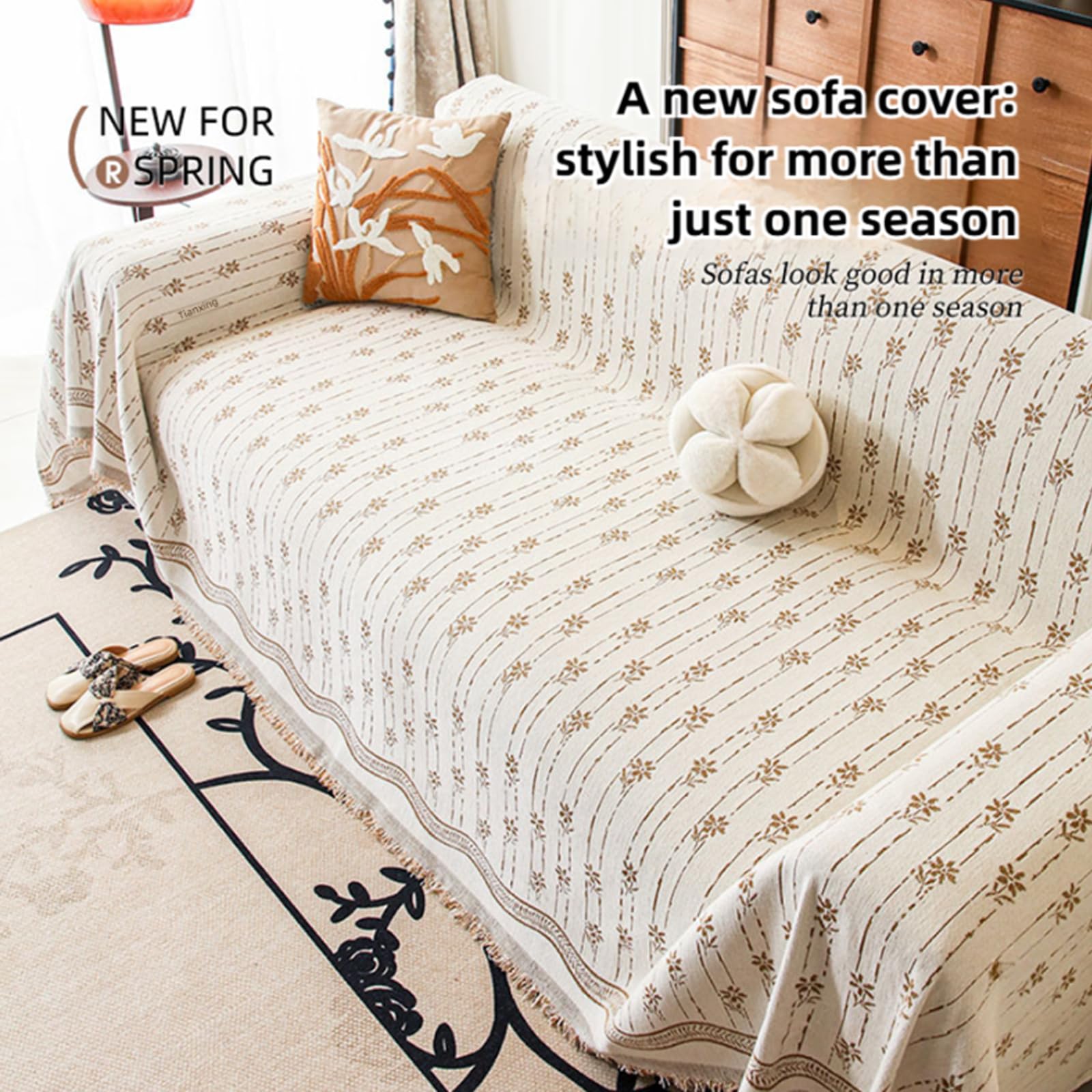 Housse de canapé antidérapante - Motif géométrique jacquard rayé avec pompons - Lavable - 180 x 460 cm - Housse de protection durable pour meubles de maison