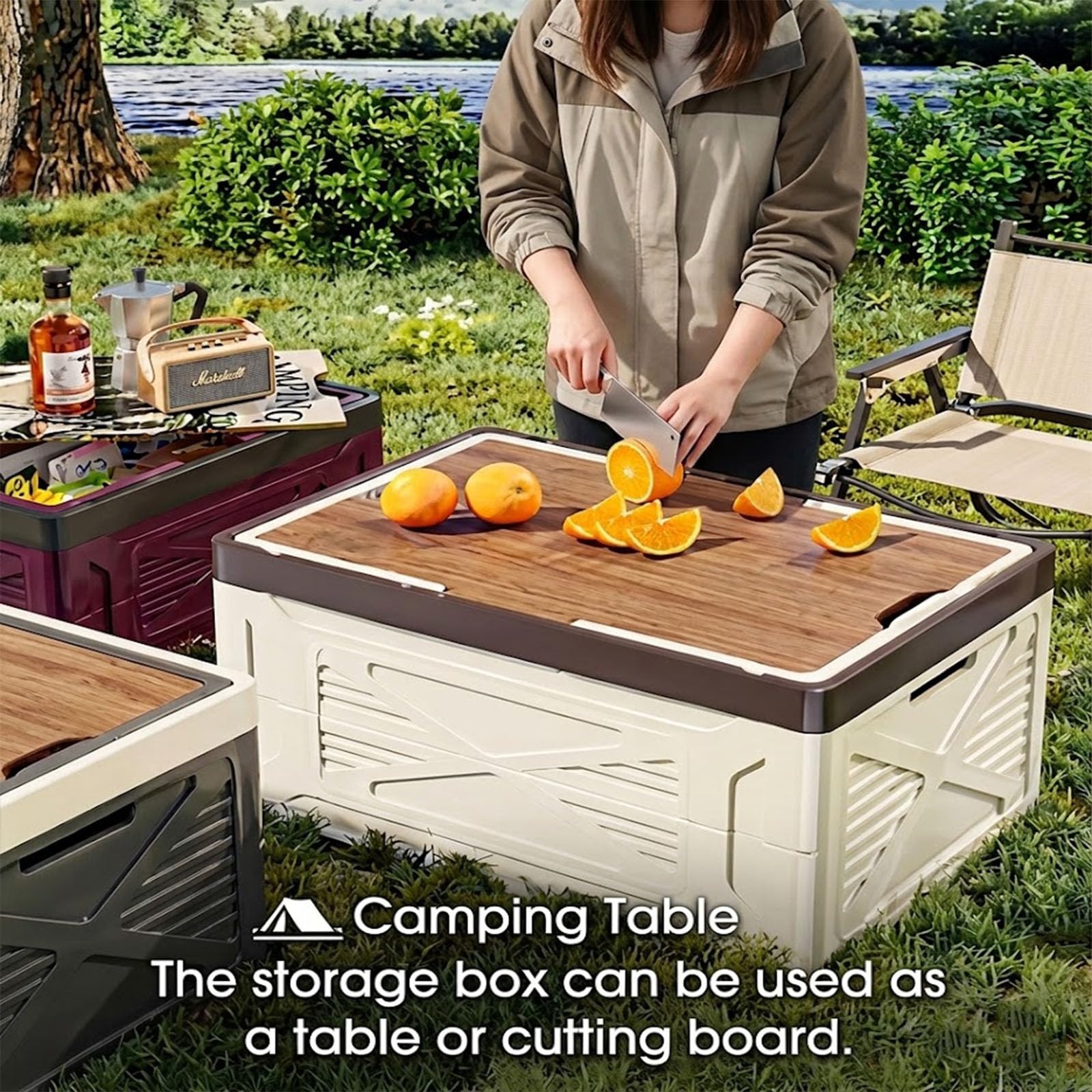 Camping Aufbewahrungsbox mit Holzoptik Deckel, Faltbare Klappbox | Modernes Design für Camping Küche, Auto, Picknick, Wohnmobil und Outdoor Abenteuer