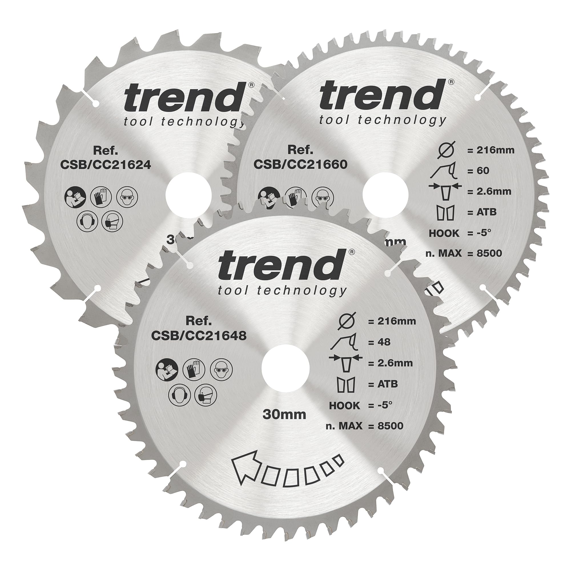 Trend CraftPro Mitre Saw Blade 216 x 30mm x 24T/48T/60T (Pack 3) TRECSB216P3