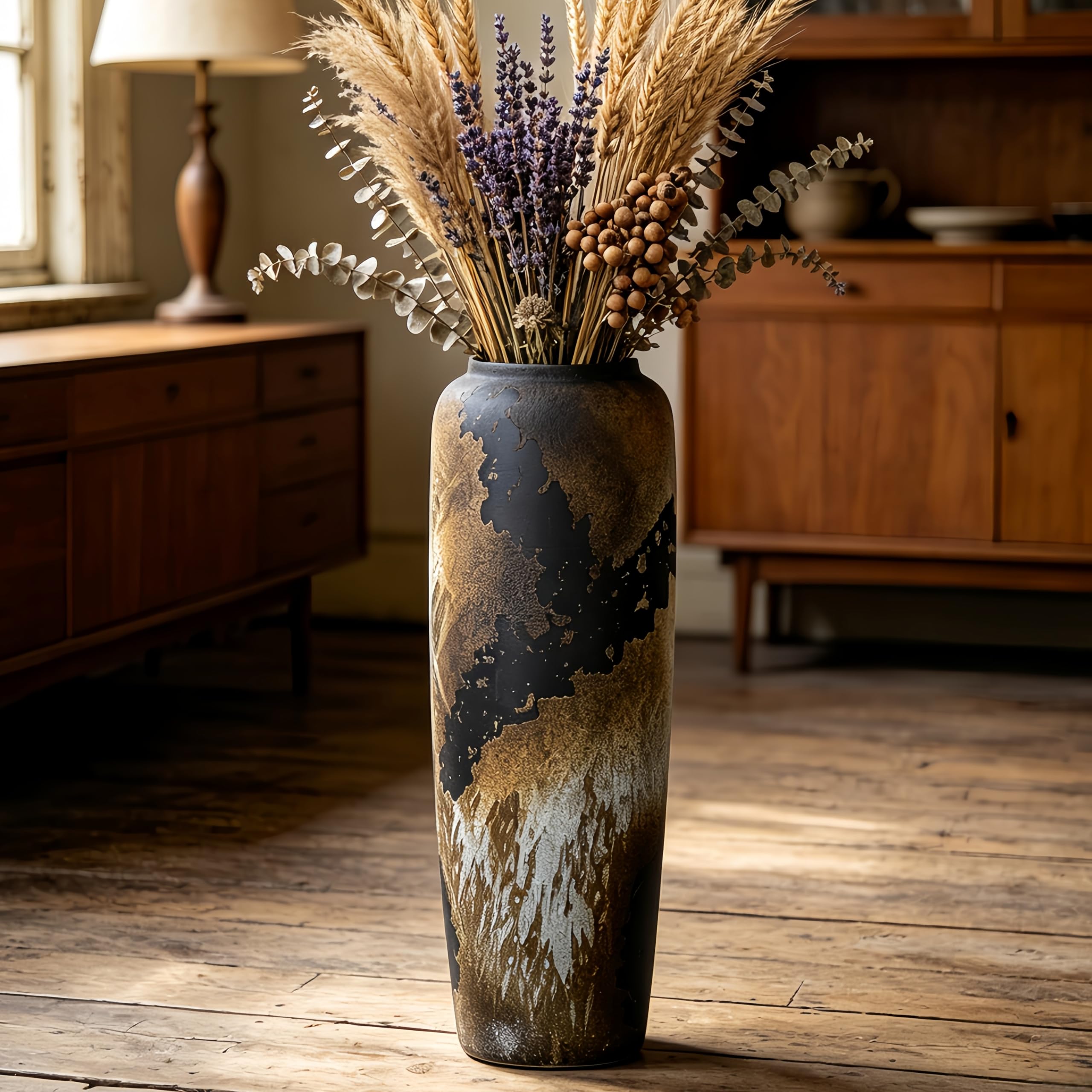 Vintage Keramik Schwarz Bodenvase, 60cm, Rustikaler Boho Stil für Pampasgras, Blumen oder Dekor, Perfekt für Wohnzimmer, Eingang oder Tisch