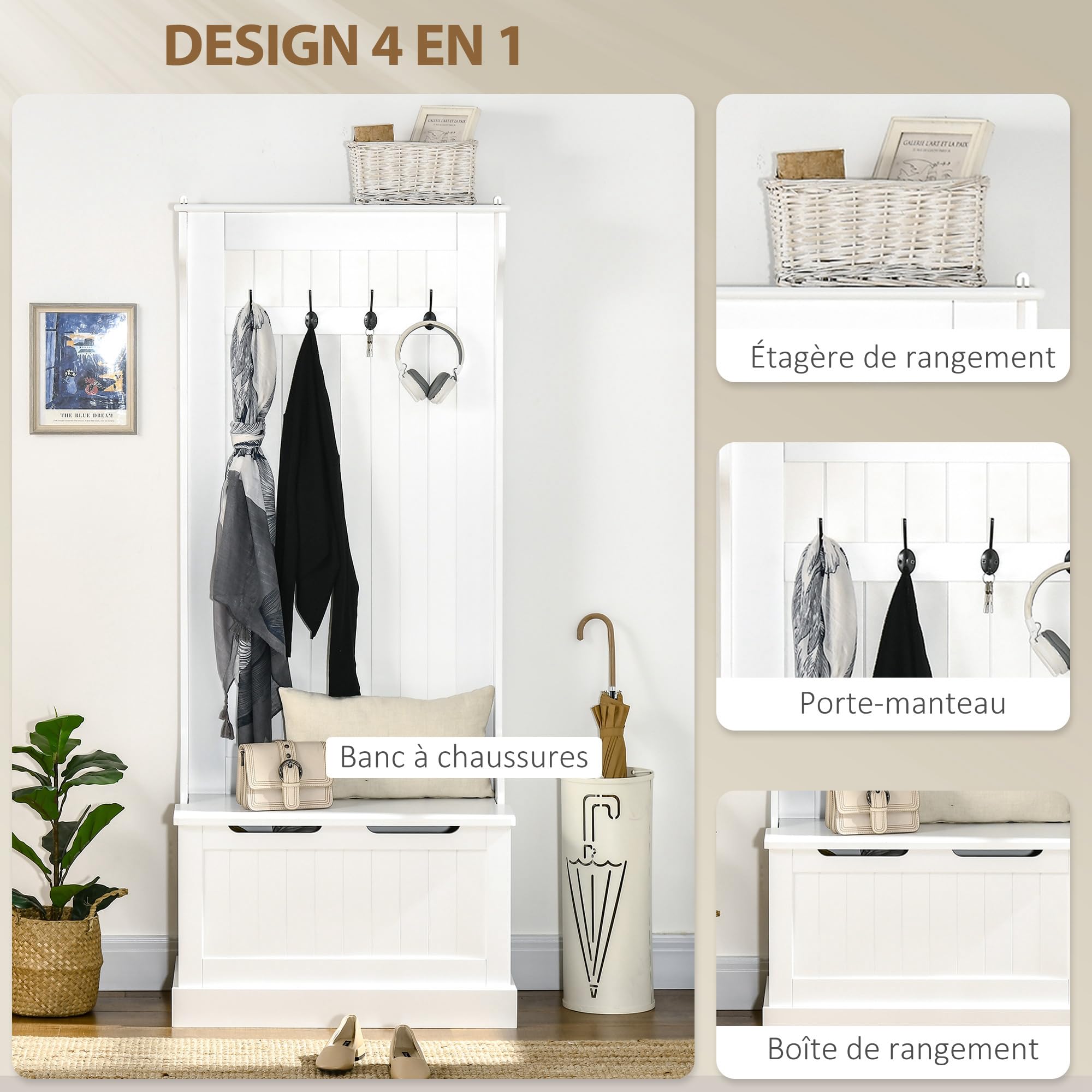 HOMCOM Meuble d'Entrée 4 en 1 Banc de Rangement 71,5 x 39,5 x 170 cm Blanc