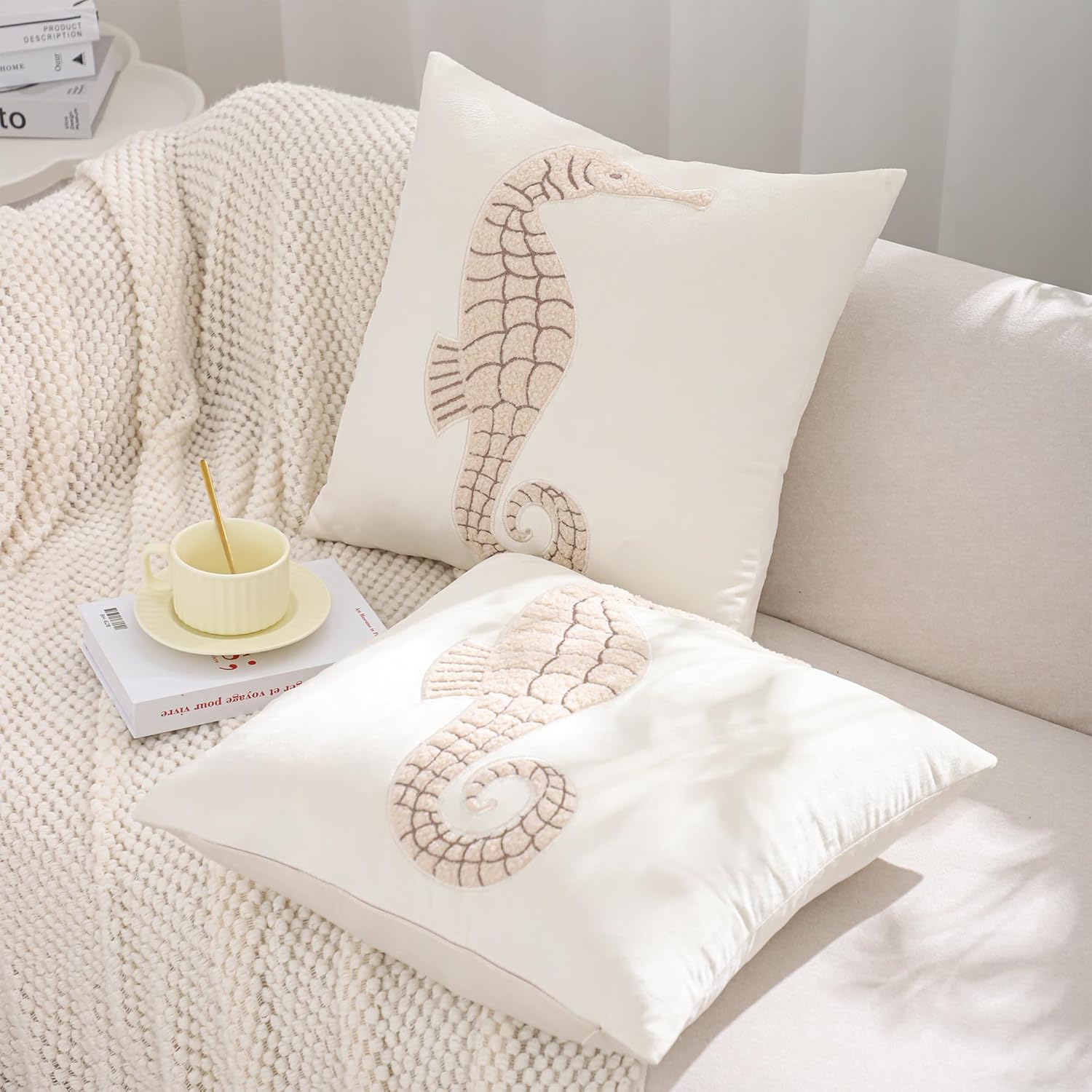 Coastal Pillow Covers 18x18 Pack of 2 Beach Seahouse Embroidered Throw Pillow Covers Beige Velvet Pillow Cushion Cases Farmhouse Decor Ocean Themed Cushion Covers for Spring Summer