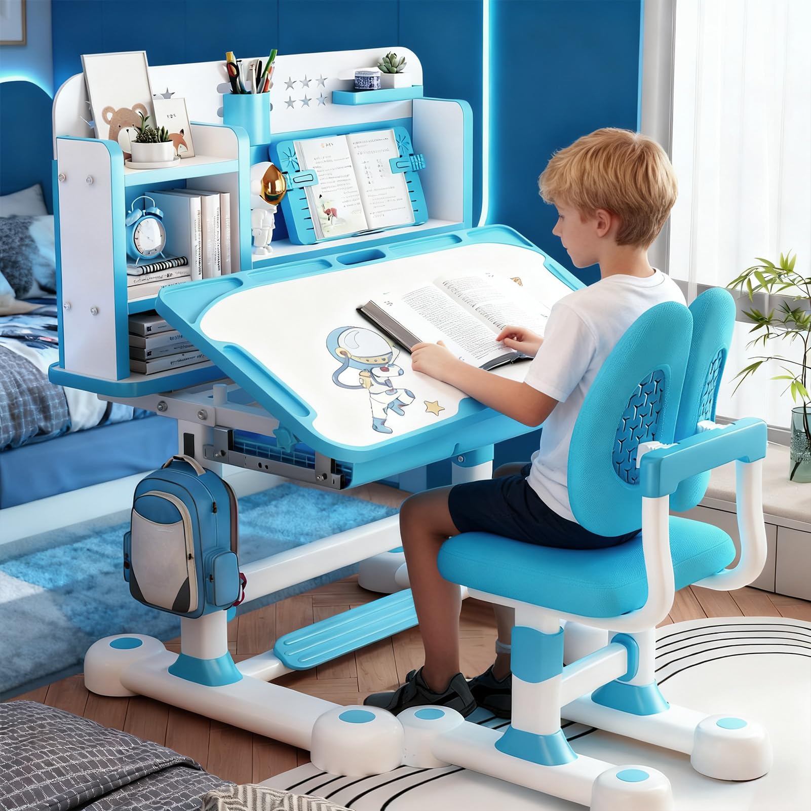 ilkqeppe Kids Desk and Chair Set, Children's Desks, Boys Girls Desk for Kids Bedroom, Height Adjustable Kids Study Table and Chair Set with Tilt Drawing Desktop, Drawer, Sitting Corrector