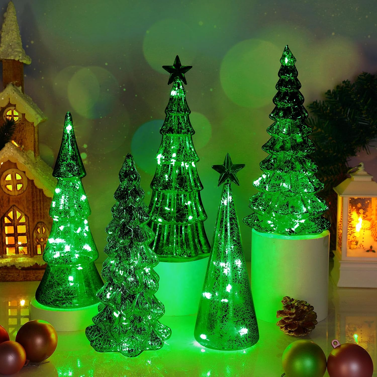 Soaoo 5 Pcs Glass Christmas Tree Figurine Ornaments Lighted Christmas Tree Decoration with LED