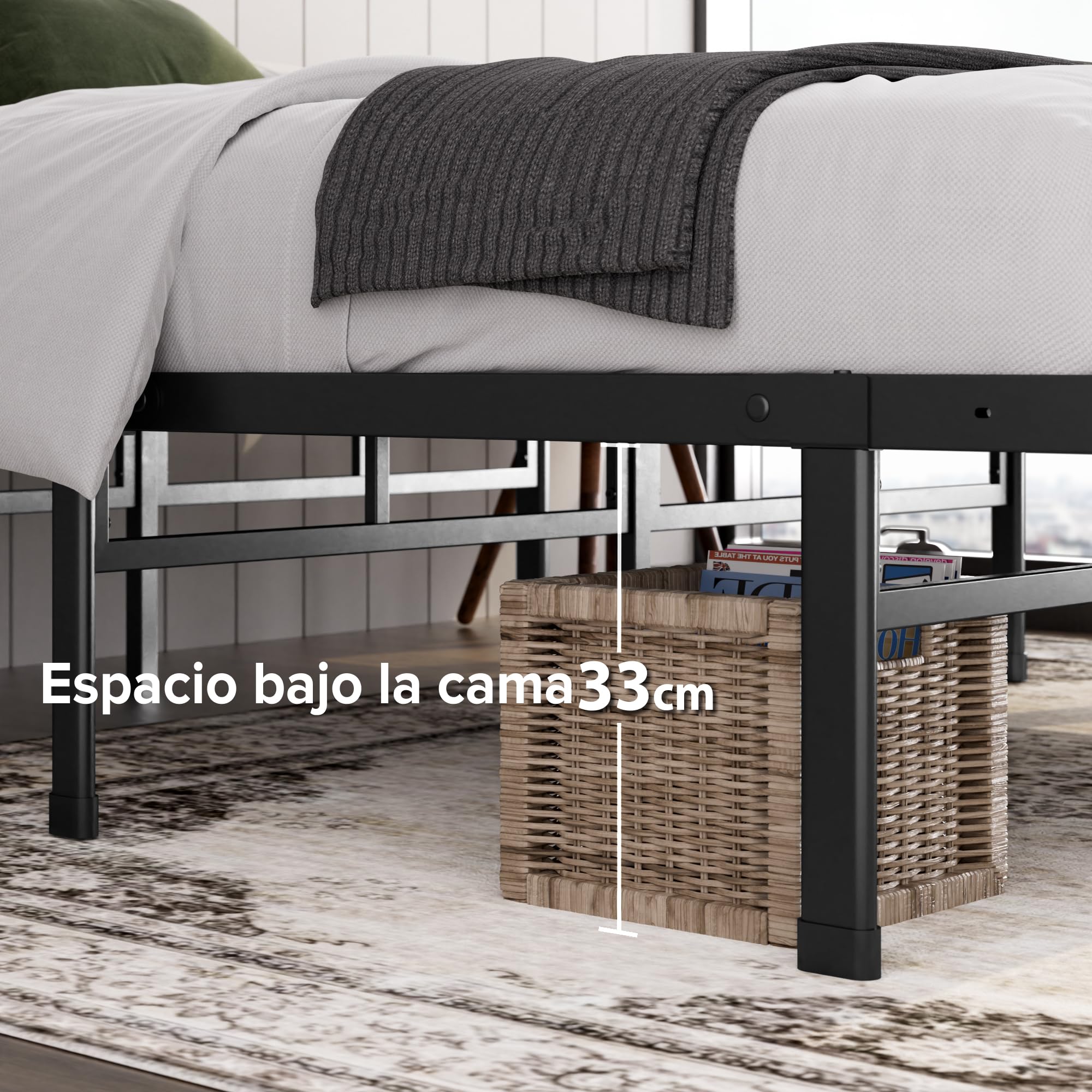 Zinus Justin Lit 90 x 190 cm - Hauteur 36 cm avec Rangement sous Le lit - Cadre de lit Plateforme en métal - Noir
