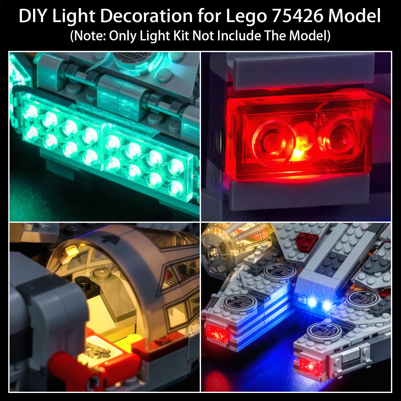 Zestaw oświetlenia LED do Lego 75426 Millennium Falcon – lampy z efektami zasilanymi przez USB, DIY, bez lutowania, łatwe w instalacji (model nie jest dołączony)