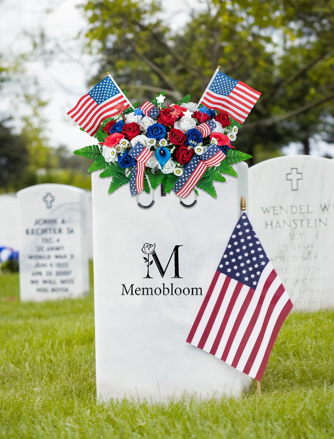 Memorial Day Decorations for Cemetery: Artificial Outdoor Grave Decorations Headstone Flower Saddle - Red White Blue Roses with Flags