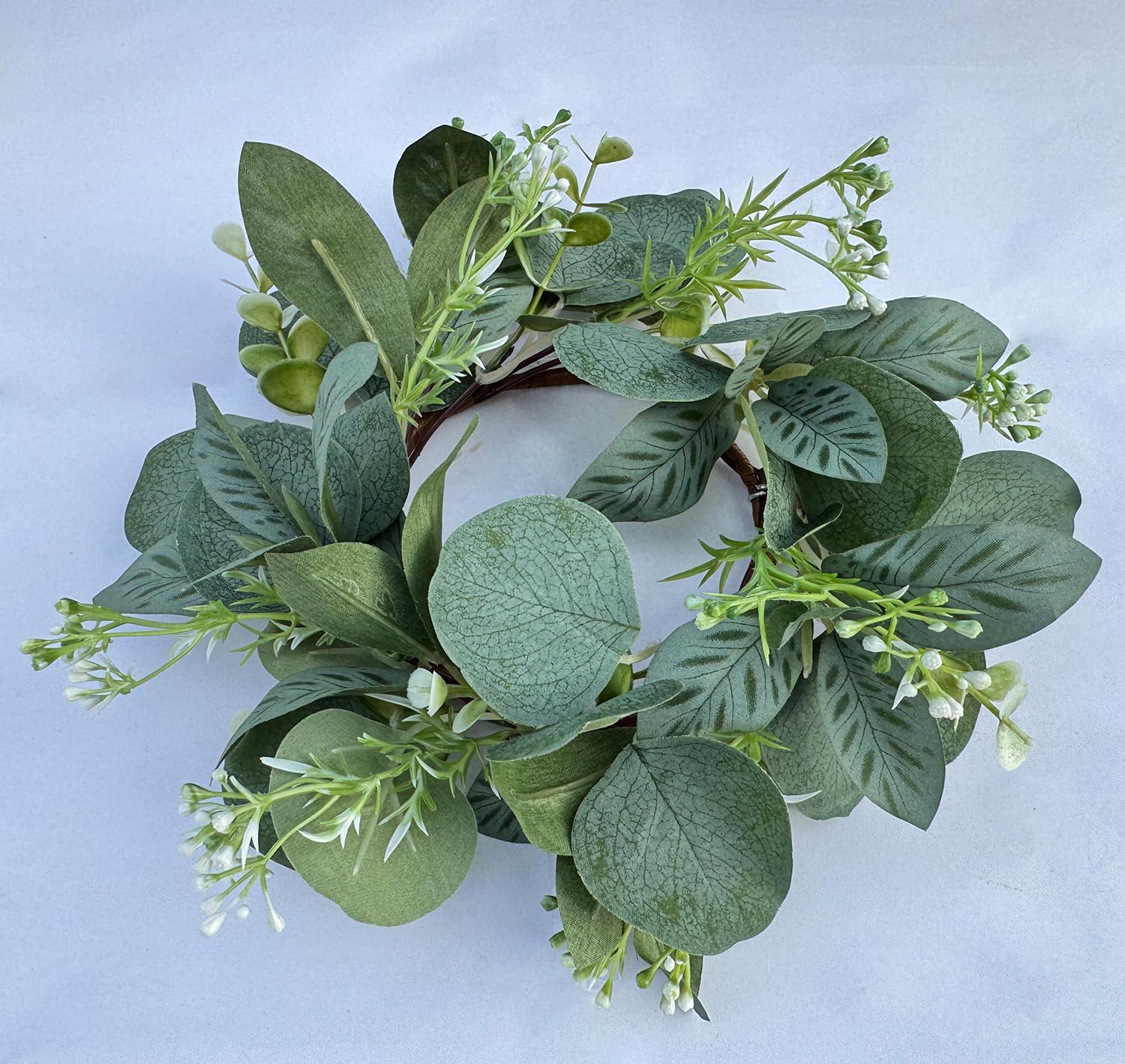 2 Pieces Candle Rings, Candle Rings Wreaths 4 Inch Center Artificial Eucalyptus Leaves Wreaths Small Boho Wreath Pillar Candle Holder for Wedding Home Door Tabletop Decor(A)