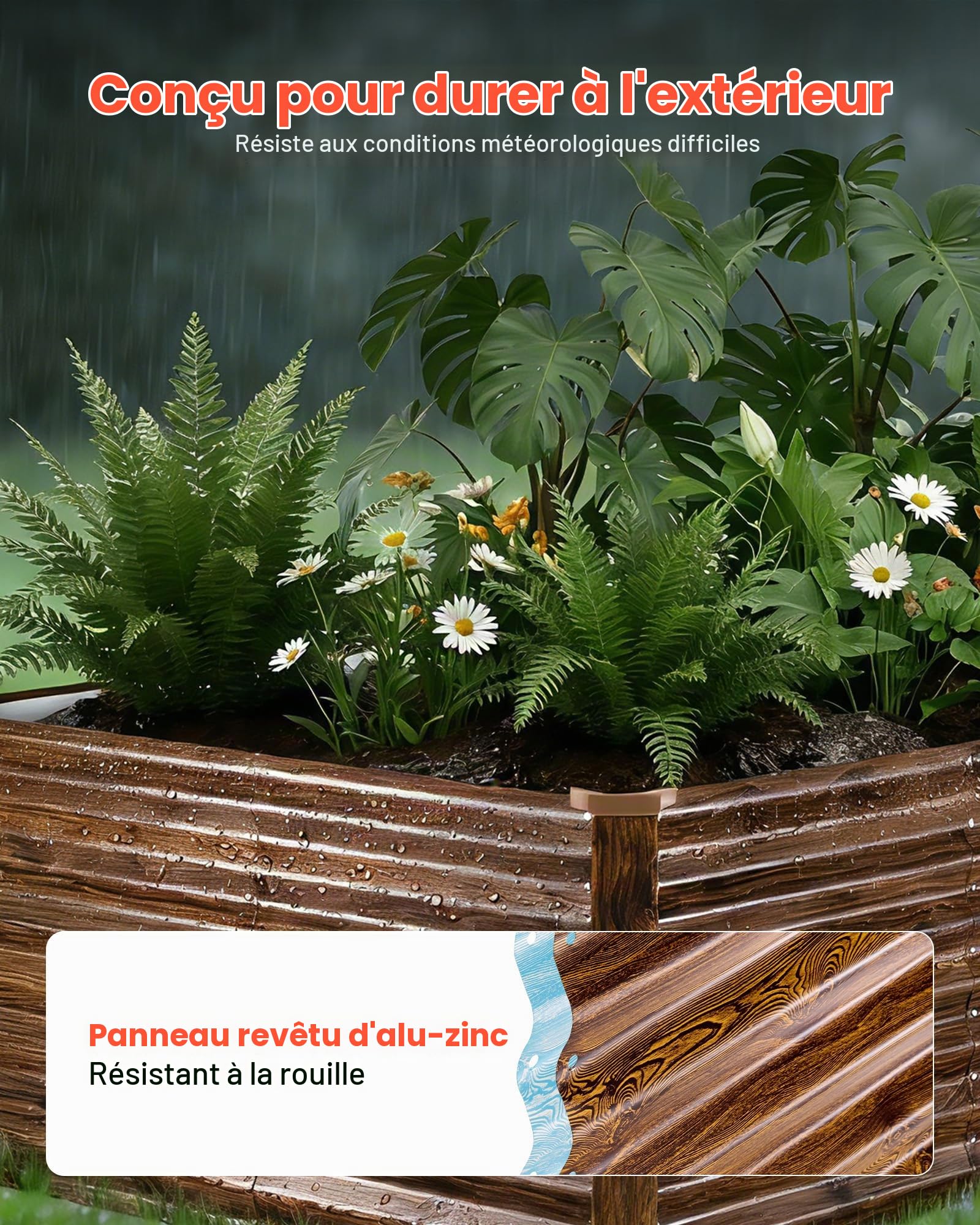 VEVOR Potager Surélevé Métal 240x120x62 cm Carré Potager Surélevé Rectangulaire Lit de Jardin pour Culture Légumes Fleurs, Fond Ouvert, Galvanisé Aluminium-Zinc, avec Gants, Aspect Grain Bois Foncé