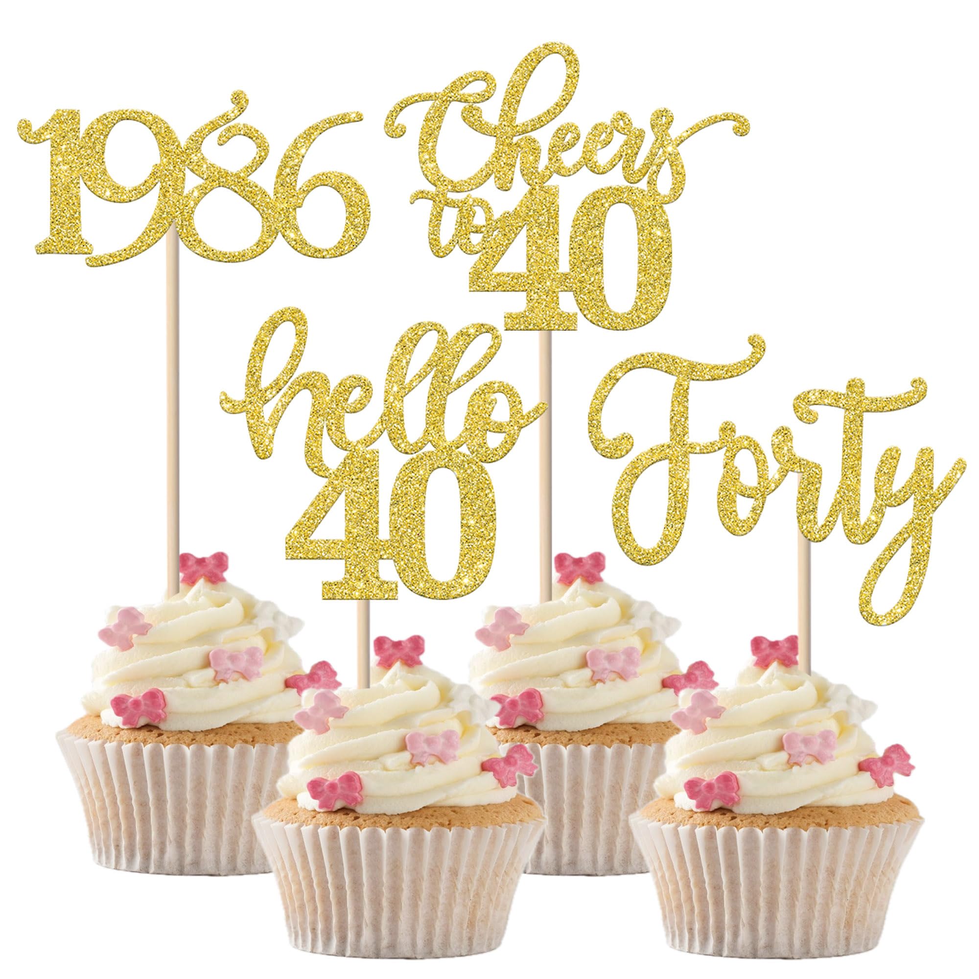 24 Stück 40 Geburtstag Cupcake Toppers Glitter Forty seit 1986 Prost auf 40 Cupcake Picks Hallo 40 Jahre Geburtstagskuchen Dekorationen für glückliche 40 Geburtstag Jubiläum Party Gold