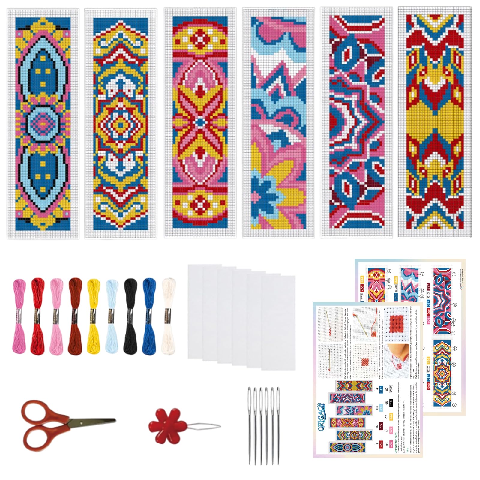 ORIGACH 6 Set Mandala Pattern Cross Stitch Bookmark Kit for Beginner with Backing Felt Floss Instructions DIY Stamped Embroidery Bookmark Kit for Adults, Book Lovers — image 1