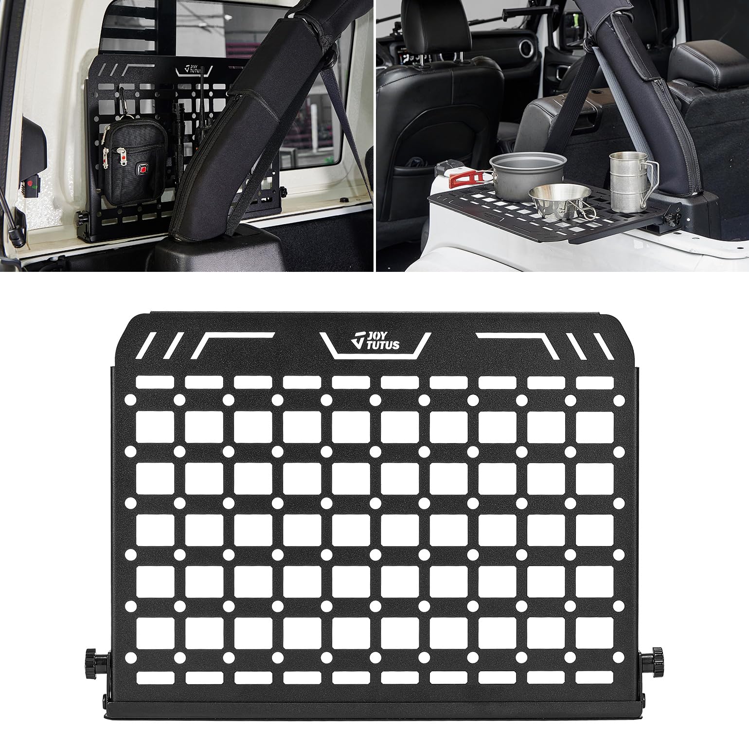 JOYTUTUS Rear Window Side Storage Rack, Metal Molle Panel Folding Trunk Organizer Cargo Carrier for Wrangler JKU JLU 4 Doors Camping Accessories (Not Fit 2 Doors)