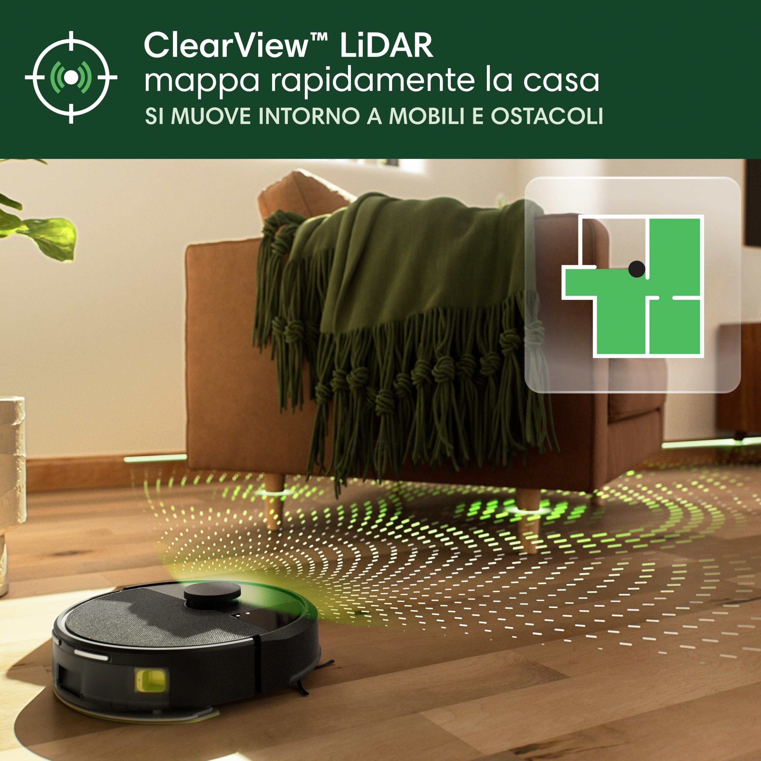 iRobot Robot Roomba 105 Combo + Stazione Autosvuotamento, Robot Aspirapolvere Lavapavimenti, Navigazione ClearView LiDAR, Rileva Tappeti/Moquette, Pulizia Mirata, Controllo tramite App, Nero