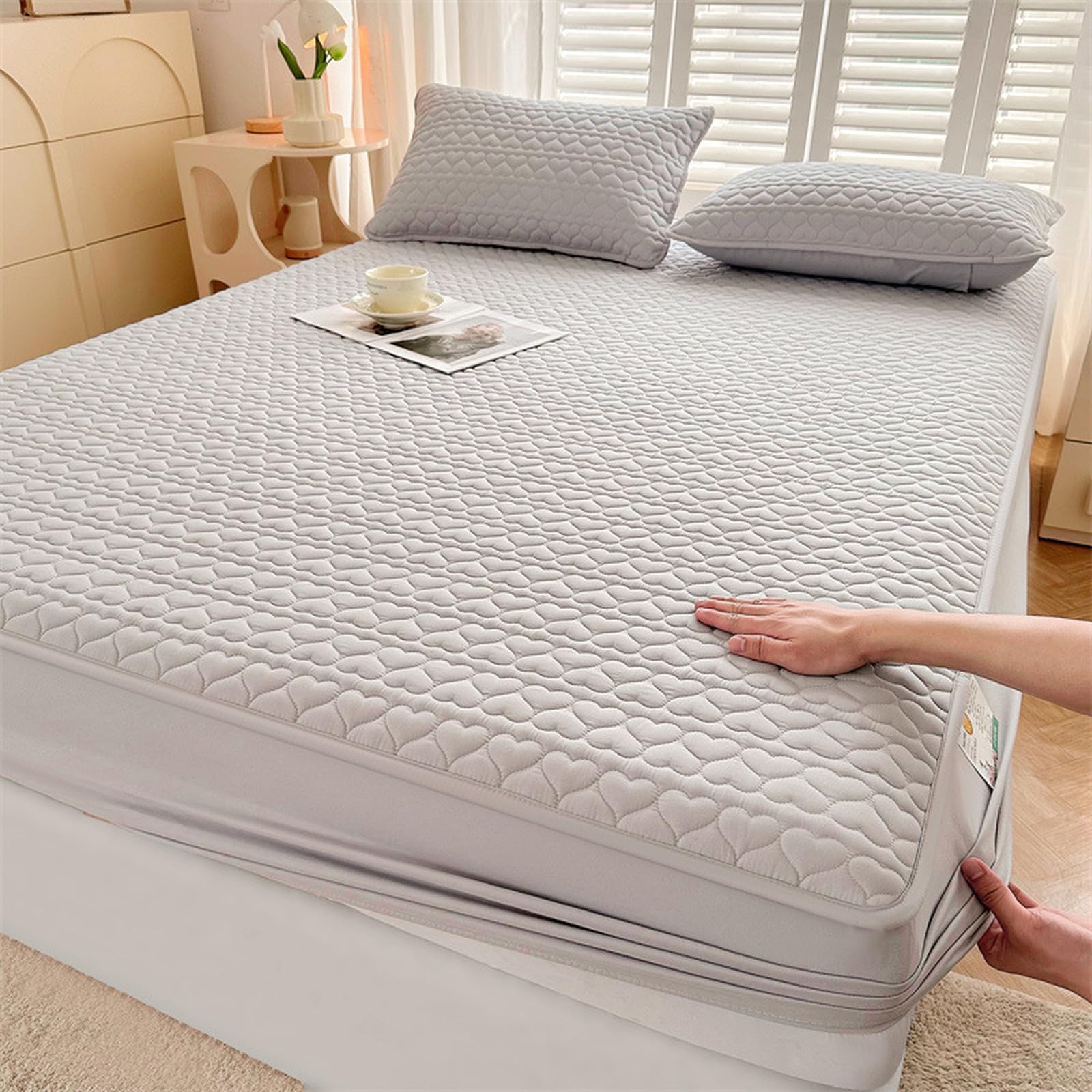 Sábana bajera acolchada extra profunda de 150 x 200 cm + 30 cm, protector de colchón impermeable, transpirable, ultra suave, silencioso, para máxima comodidad