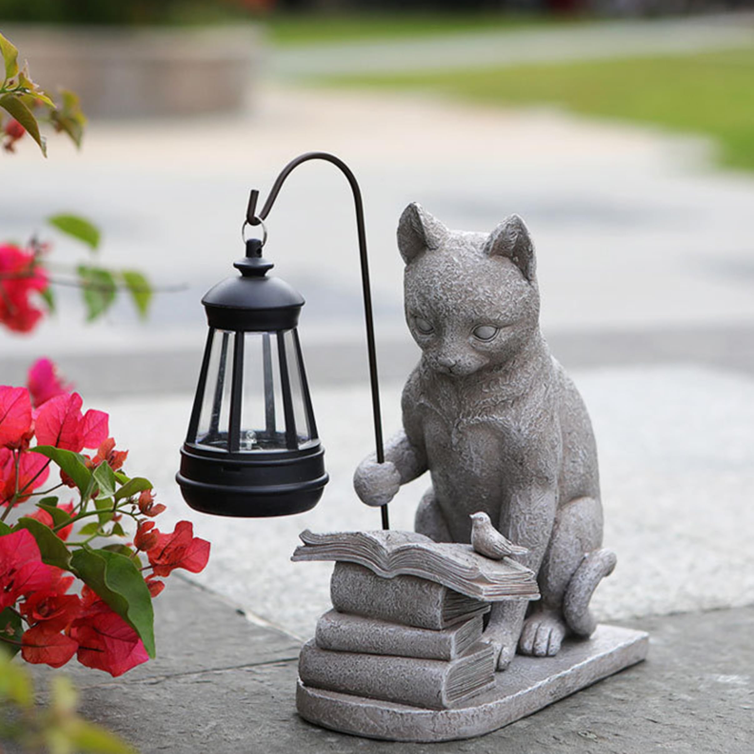 Luci solari per gatti da giardino all'aperto, statua in resina da 8, 3 pollici per gatti con libro di lettura con lanterna solare, figurine decorative impermeabili per patio, decorazioni per prato e b