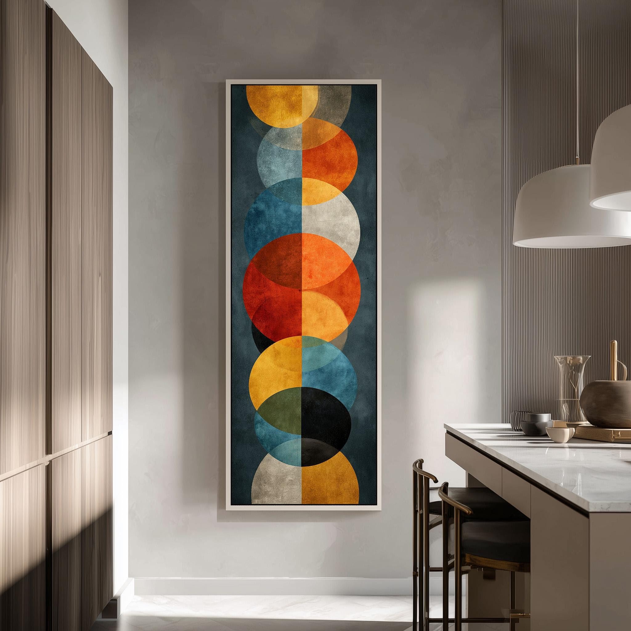 Geometryczna sztuka z połowy XX wieku, pionowe płótno, wysokie, wąskie pomarańczowo-turkusowe koła, dekoracja ścienna w stylu retro, wydruki plakatów w stylu vintage (60 x 180 cm/rama wewnętrzna)