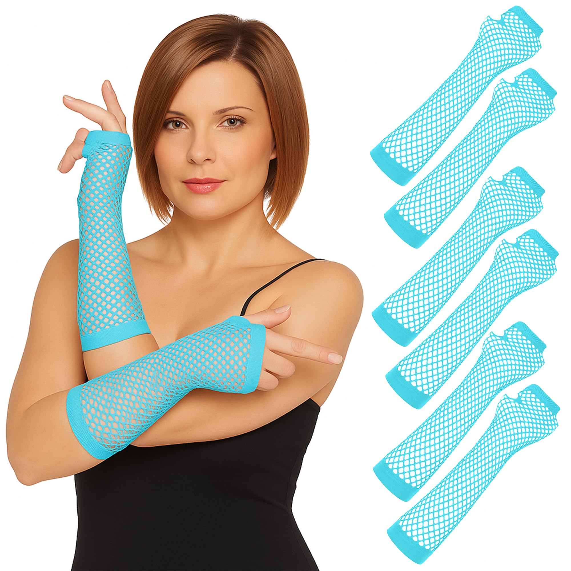 3 Pairs Neon Lace Fingerless Fishnet Gloves - 80s Retro Theme Party Fish Net Mesh Arm Sleeves For Disco Dance Halloween Costume Accessories, Turquoise