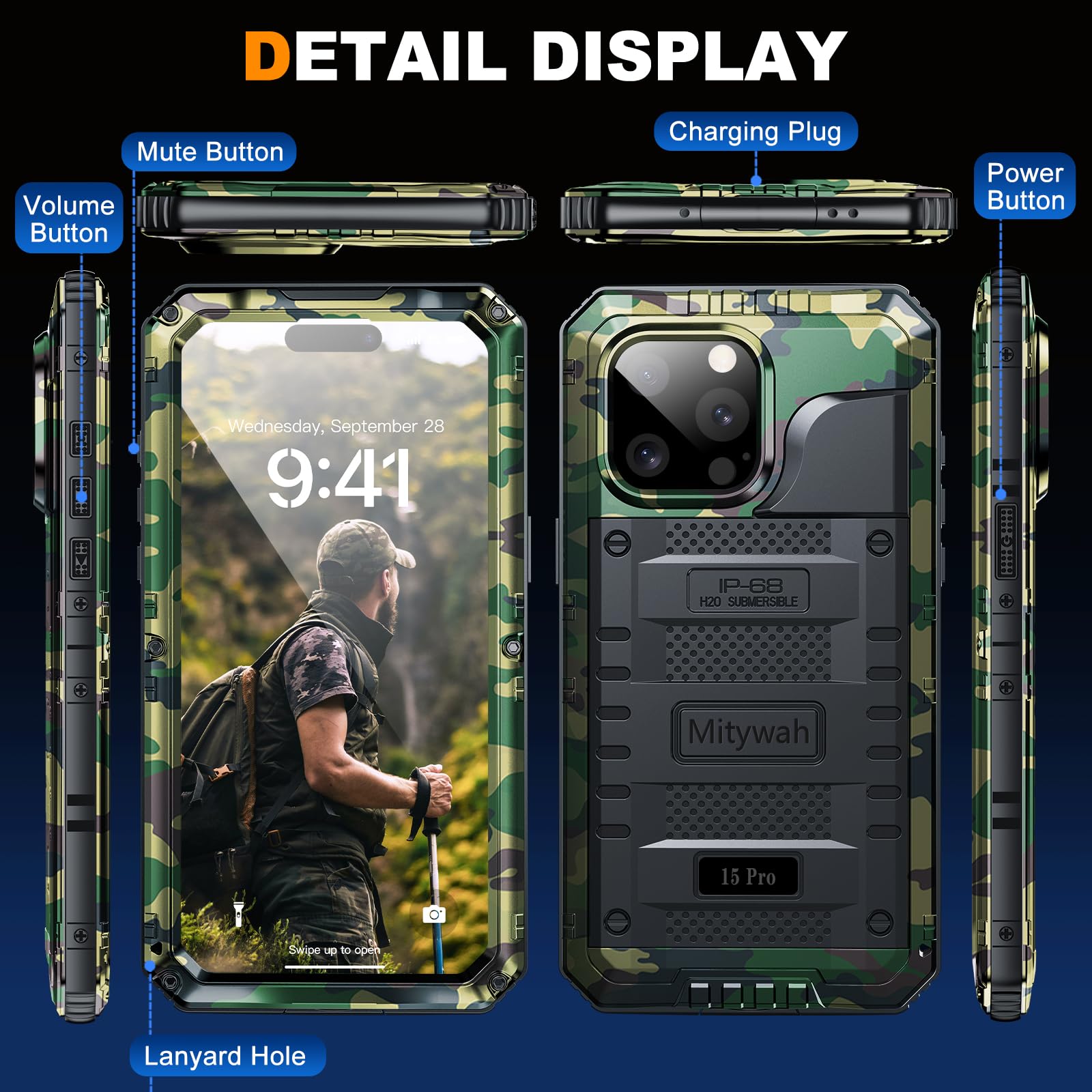 Mitywah Wasserdichte Hülle für iPhone 15 Pro, robuste, stoßfeste Hülle mit integriertem Displayschutz, Ganzkörper-Unterwasser-Schutzhülle, Metallhülle, 6,1 Zoll, Camouflage