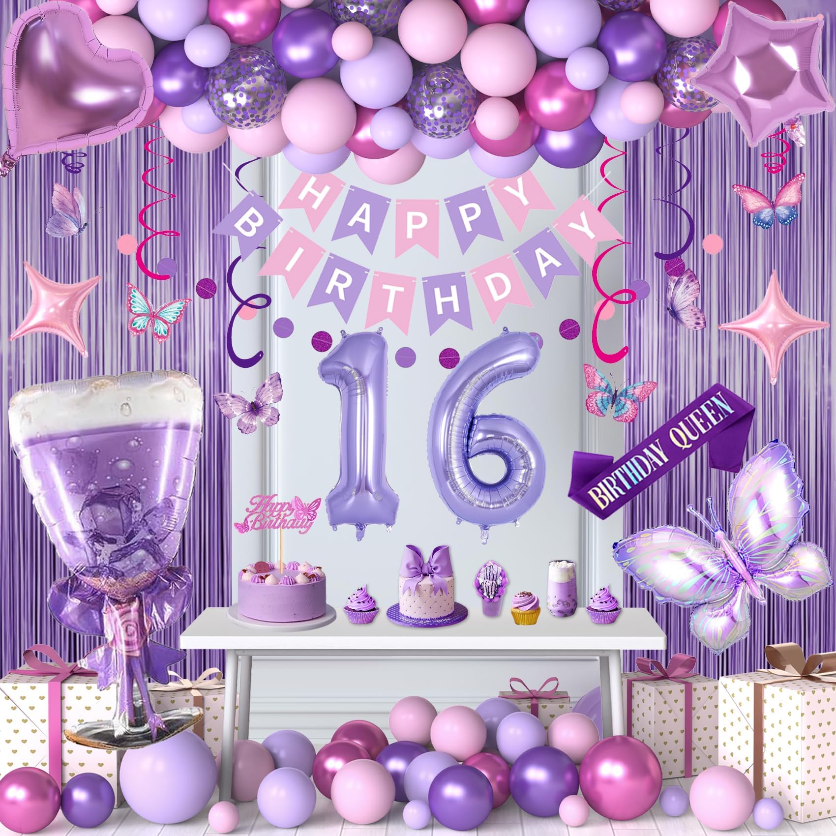 16th Purple Birthday Decorations, Pink Purple 16th Birthday Decorations for Girls Lavender Party Decor Set with Number Balloons, Foil Balloons, Sash