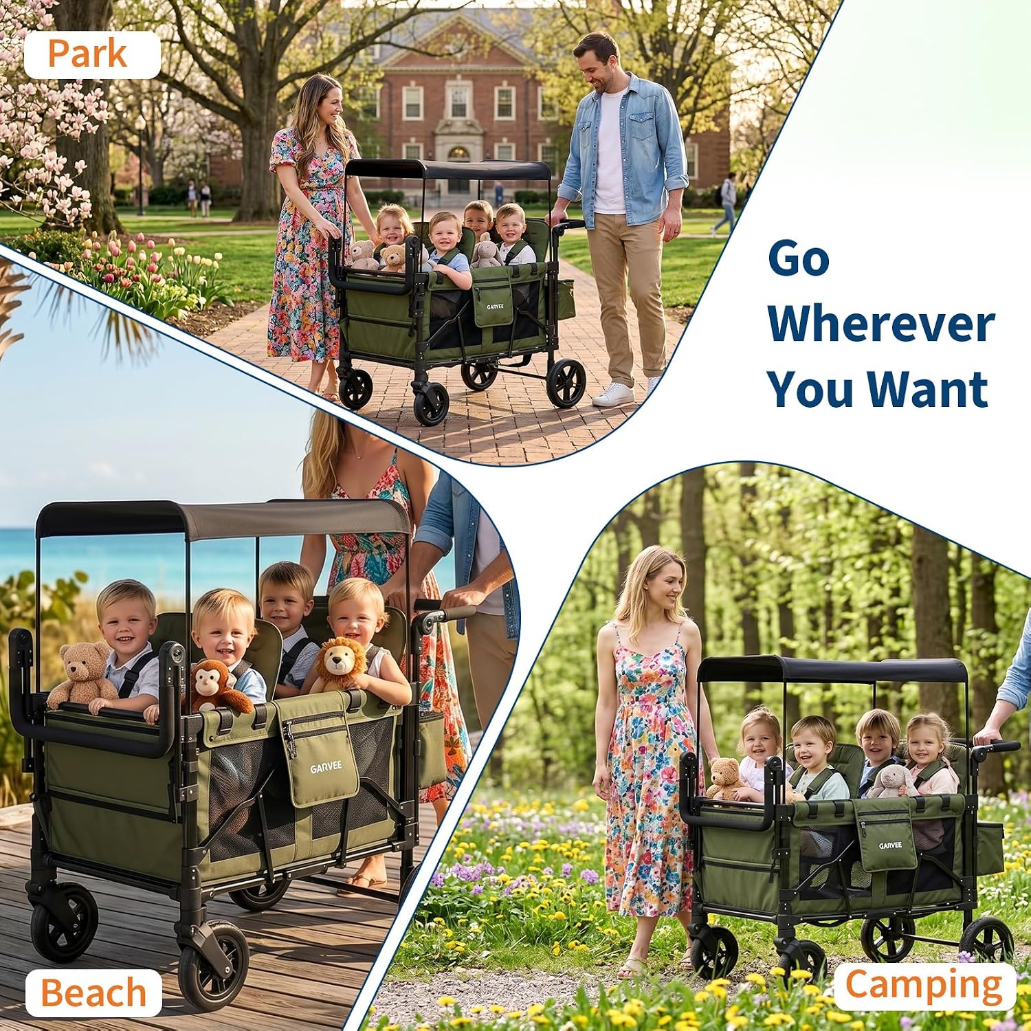 4 Seater Stroller Wagon, All-Terrain, Premium Wagon Stroller for Kids with Safety Harness, Snack Tray, Removable Canopy, Swivel & Fixed Wheels, One-Step Brake, Green