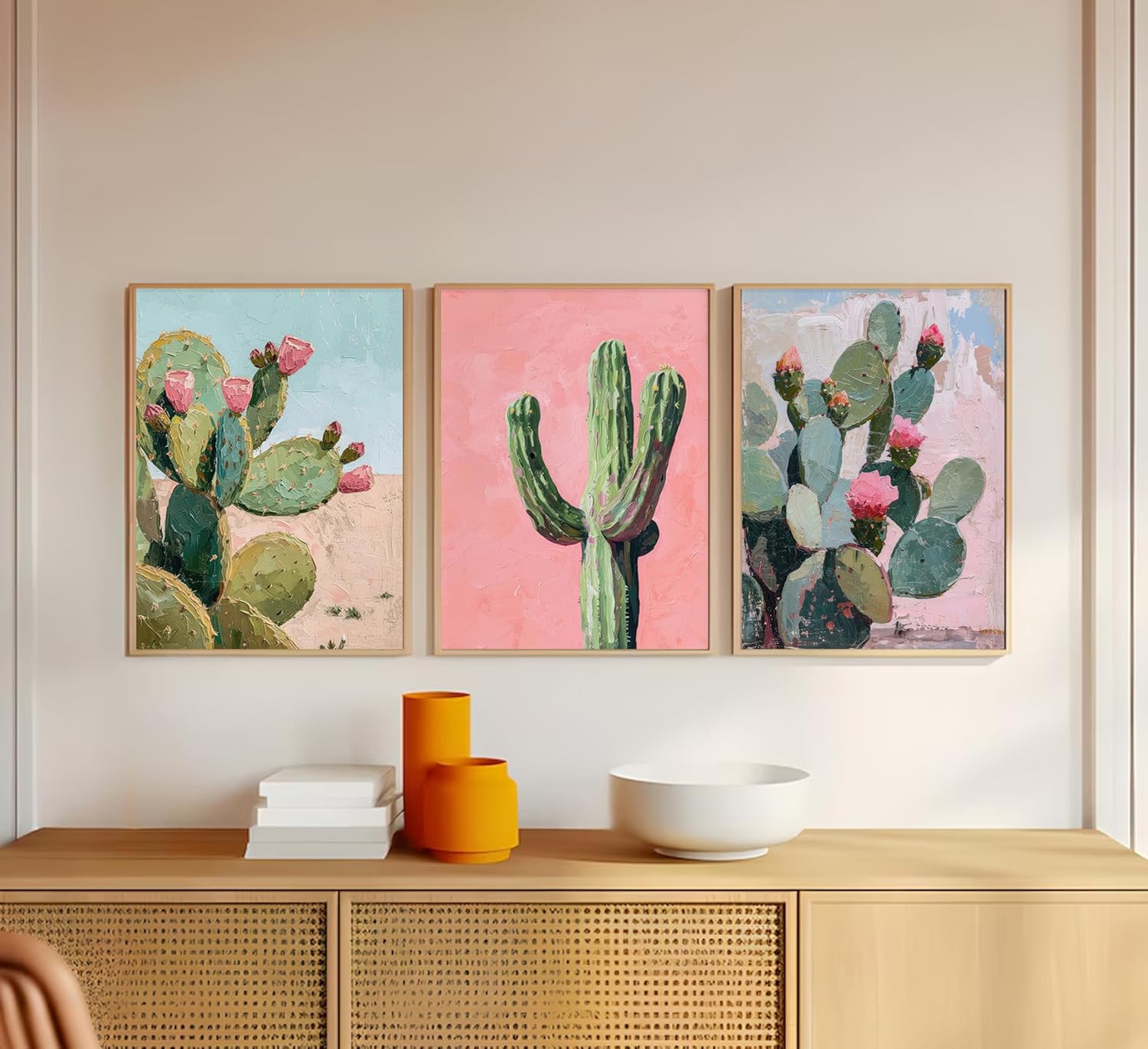 SETRIS 3Pcs Southwestern Desert Saguaro Cactus Canvas Wall Art, Pink and Green Plant Landscape Painting Poster Print, Rustic Western Wall Decor Artwork for Bedroom Living Room Home Wall Decoration【UNFRAMED】