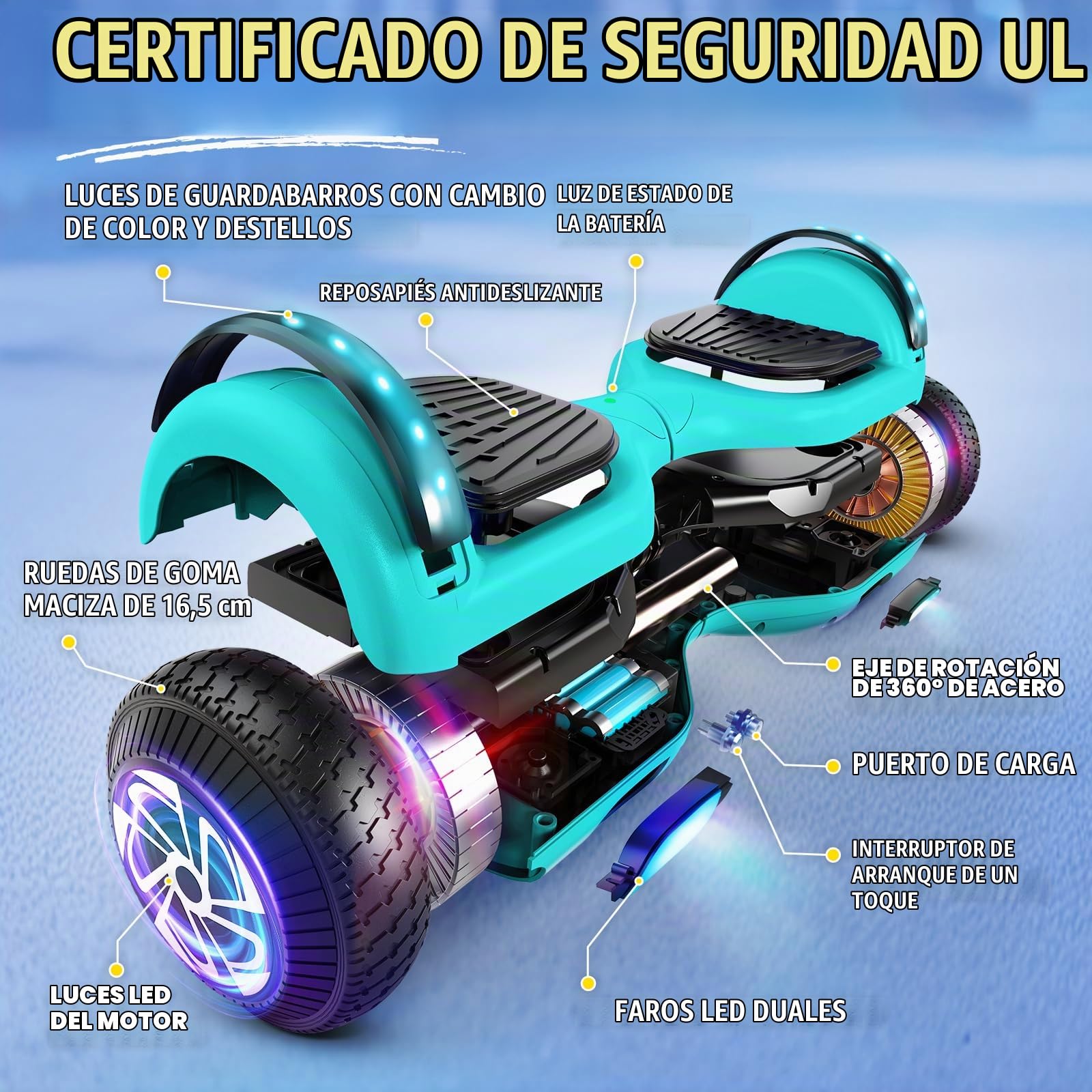 SISIGAD Hoverboard Auto-EQUILIBRADO - Altavoces Bluetooth DE 6,5", LUZ LED - - Certificado UL2272 de Seguridad