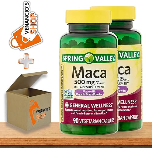 Spring Valley - Cápsulas de raíz de maca de 500 mg, raíz de maca orgánica para mujeres y hombres, suplemento dietético, 90 píldoras + incluye