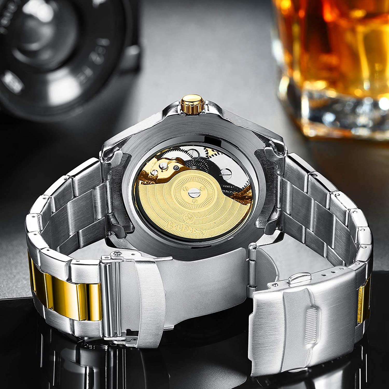 MASTOP Relojes mecánicos automáticos para hombre, de acero inoxidable, con esfera de diamante, de lujo, clásicos, de negocios, para hombre de negocios