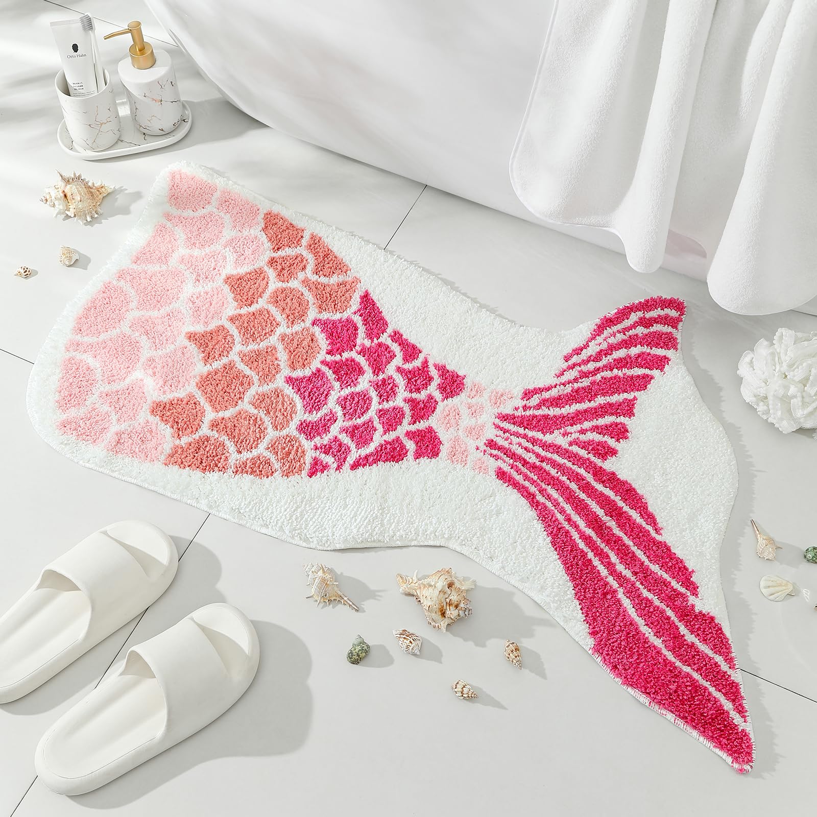 YRXRUS Mermaid Bathroom Rugs, Ocean Decor Bath Mat Gifts, Pink Bathroom Rug, Cute Mermaid Scales Tail Shape Bath Rug for Summer Room Decor, Machine