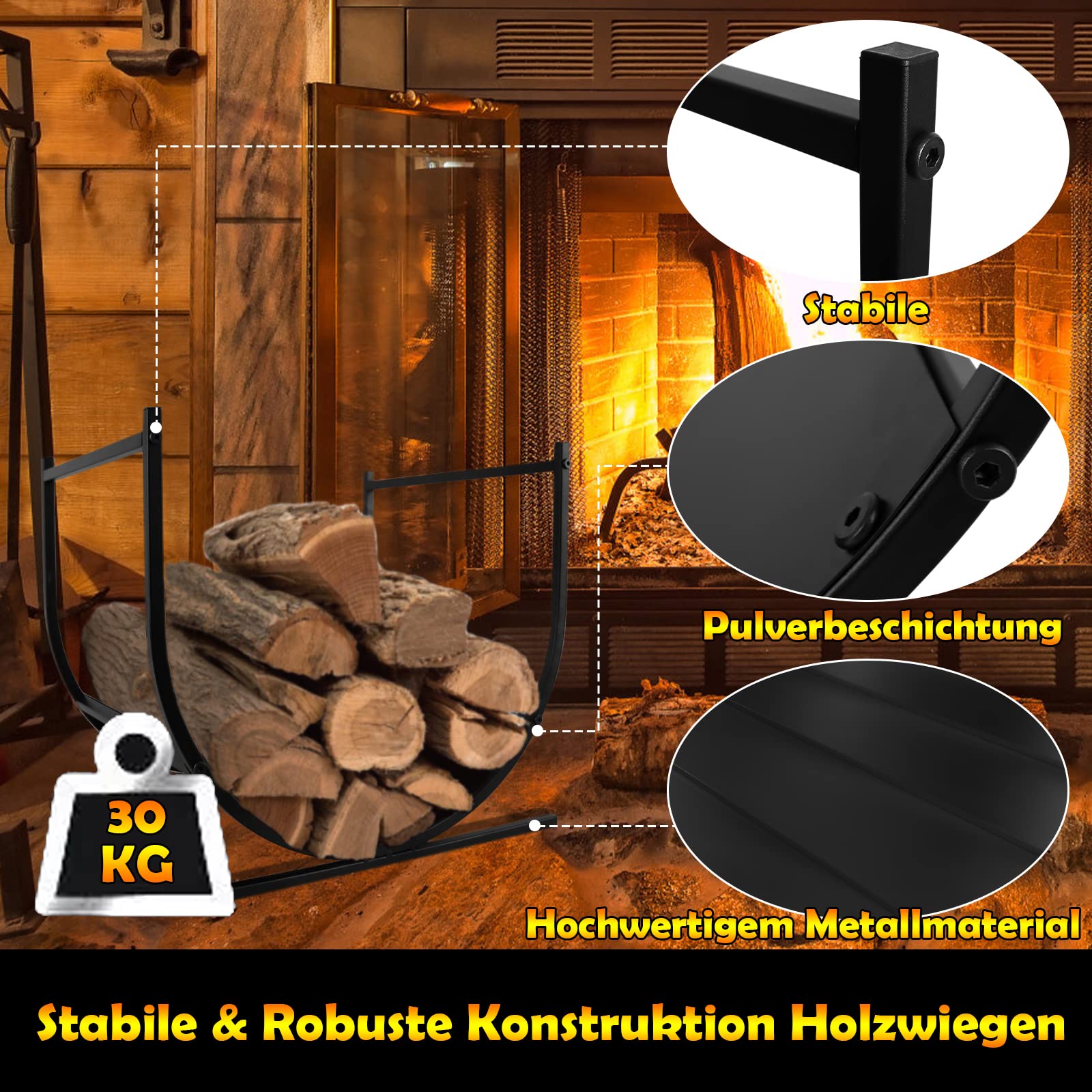 Froadp Haardhoutrek voor houtblokken, 44 x 37 x 40 cm, stapelhulp, brandhoutrek, buiten, metalen frame, houten manden, brandhoutstandaard, brandhoutrek, voor binnen en buiten