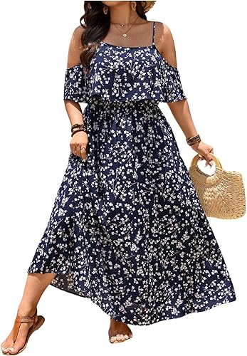 Verdusa Women's Plus Size Floral Beach Dress Boho Sundress Cold Shoulder Foldove