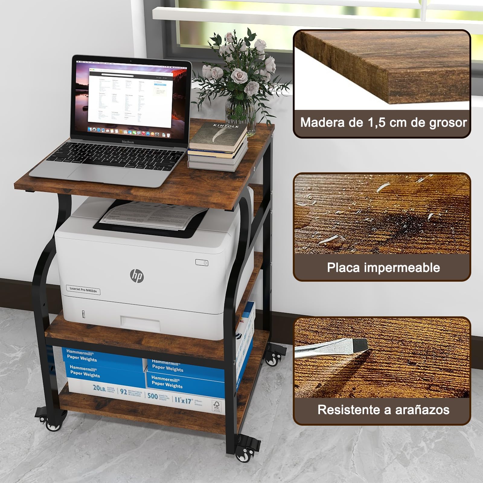 PUNCIA Mesa para Impresora 60 x 50 cm Ajustable en Altura Soporte para Impresión de 3 Niveles con Ruedas Móvil de Madera y Metal Carrito Estante de Almacenaje para Oficina Escuela Estudio Retro