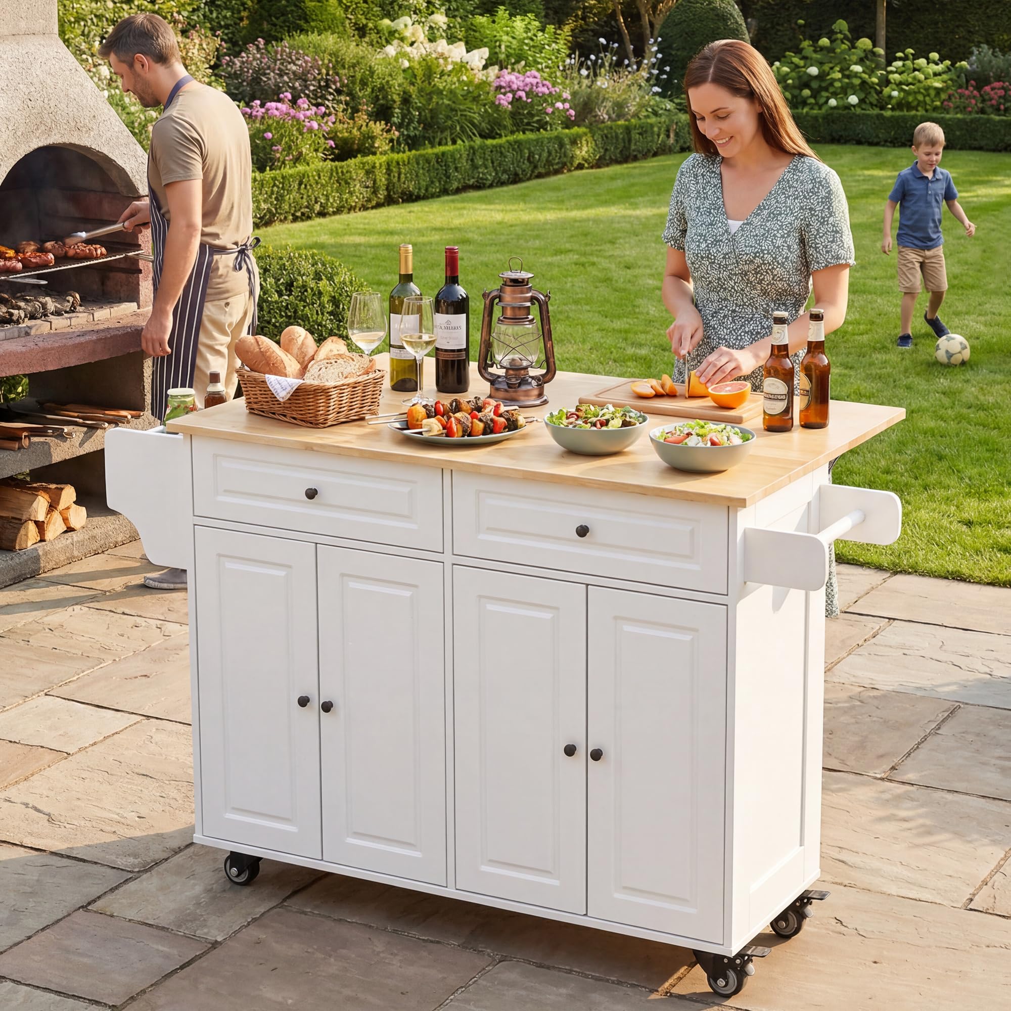 Xbro Îlot de Cuisine Mobile 145x75x90 cm sur roulettes, Chariot avec Tiroirs et Armoires, Plan de Travail en Bois, Meuble de Rangement pour Espace Restreint (Blanc)