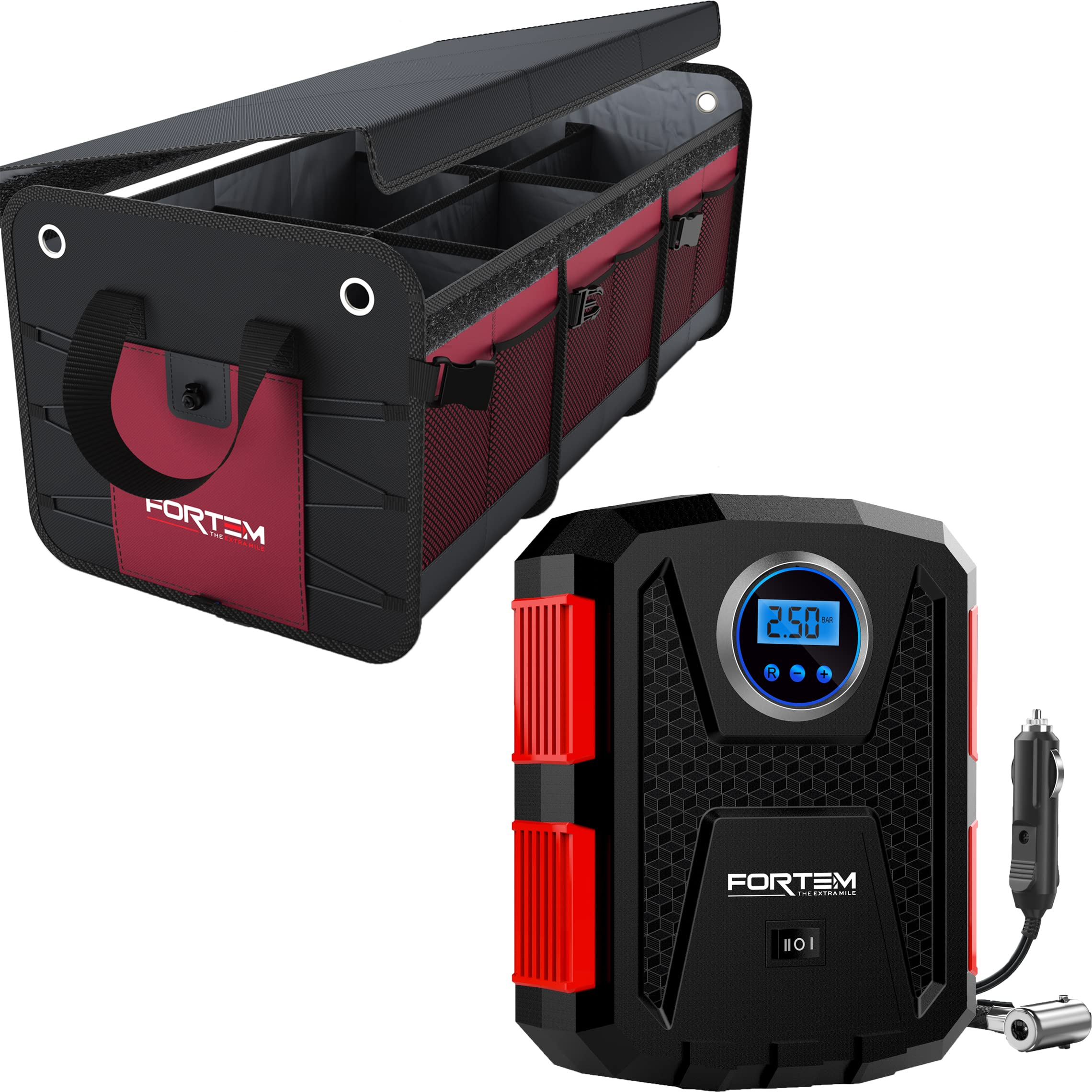 FORTEMCar Trunk Organizer (3 Compartment, Red) + Portable Tire Inflator