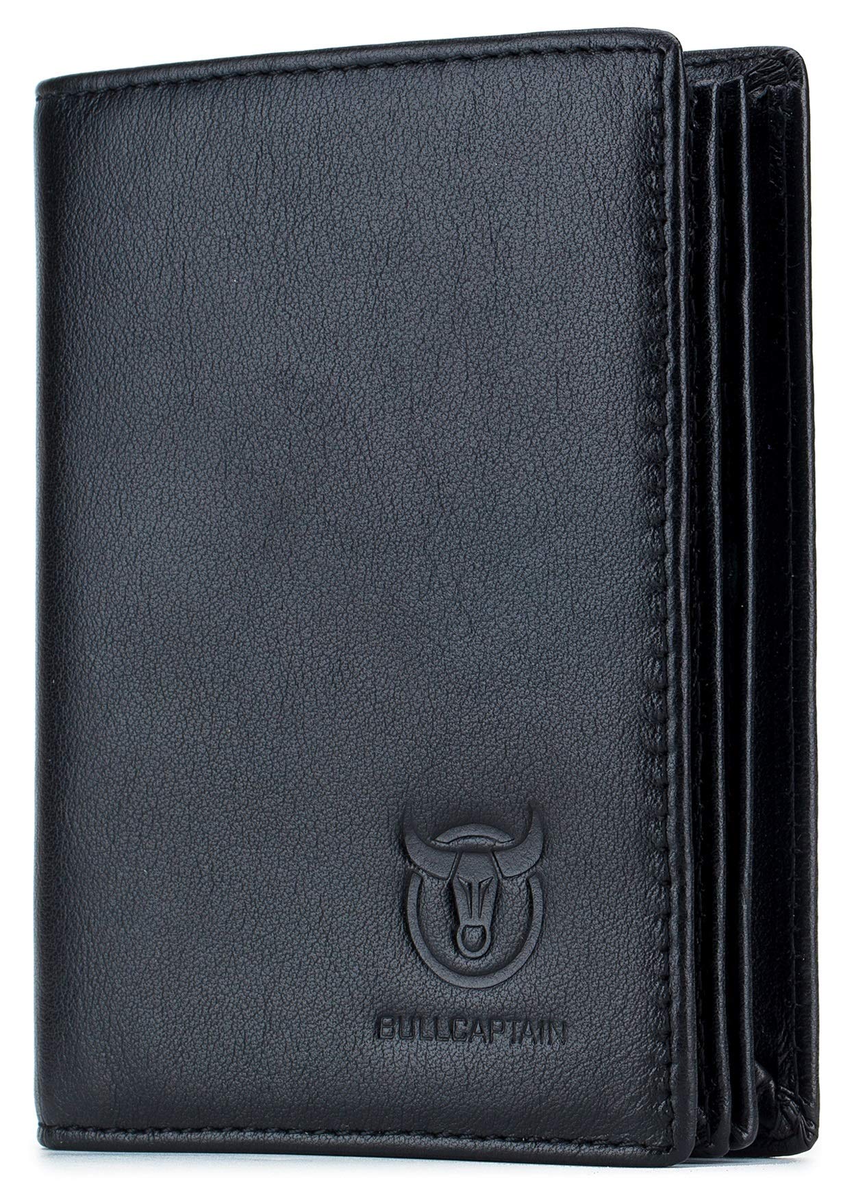 BULLCAPTAINGenuine Leather Men Wallet RFID Blocking Bifold Wallets ID Window Credit Card Holder (Black)
