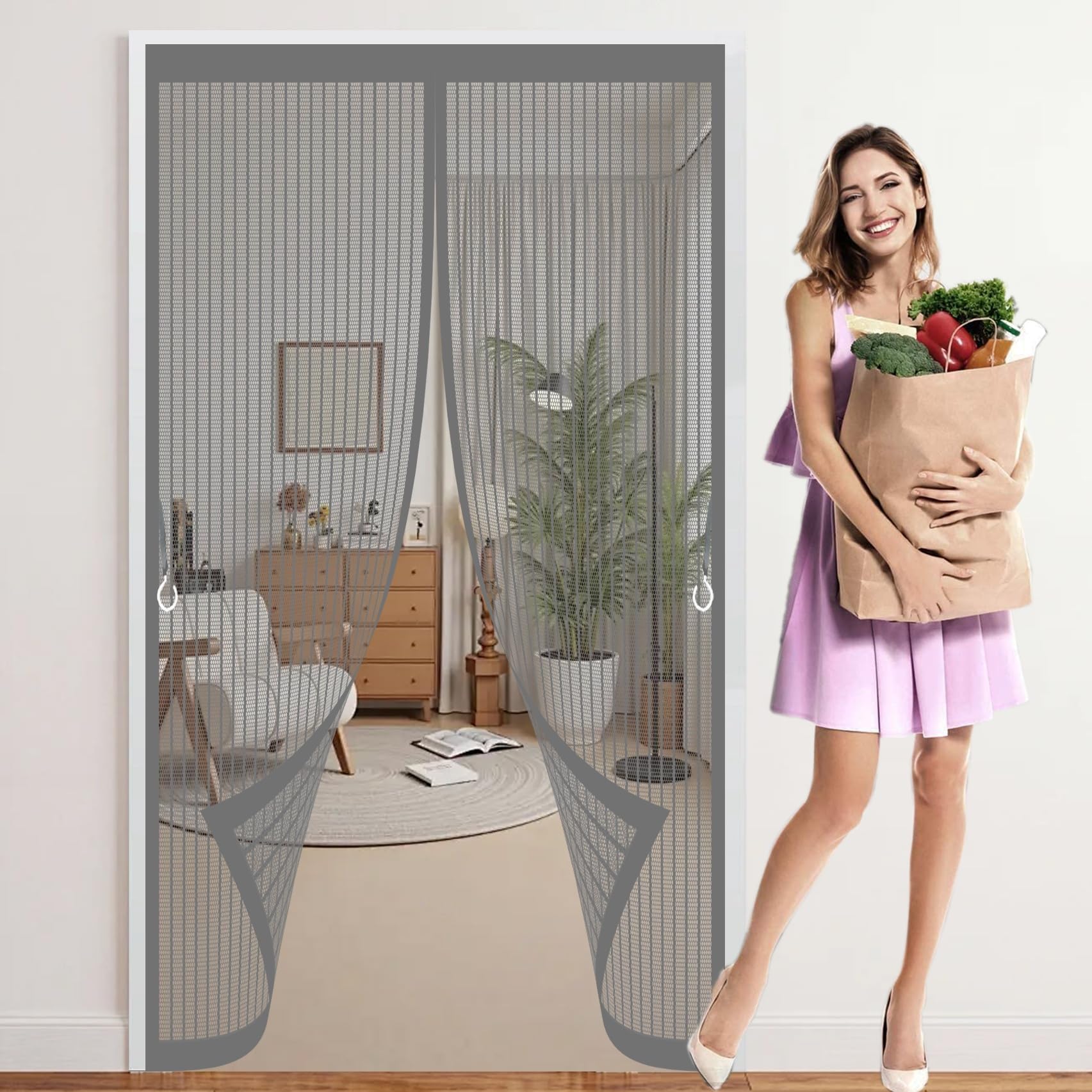 Door Fly Screen Curtain 320 x 230 cm with Powerful Magnets & Full Frame Magic Tape, Keep Bugs Out & Lets Fresh Air in Heavy Duty Fly Curtains for Patio Doors Balcony, Grey
