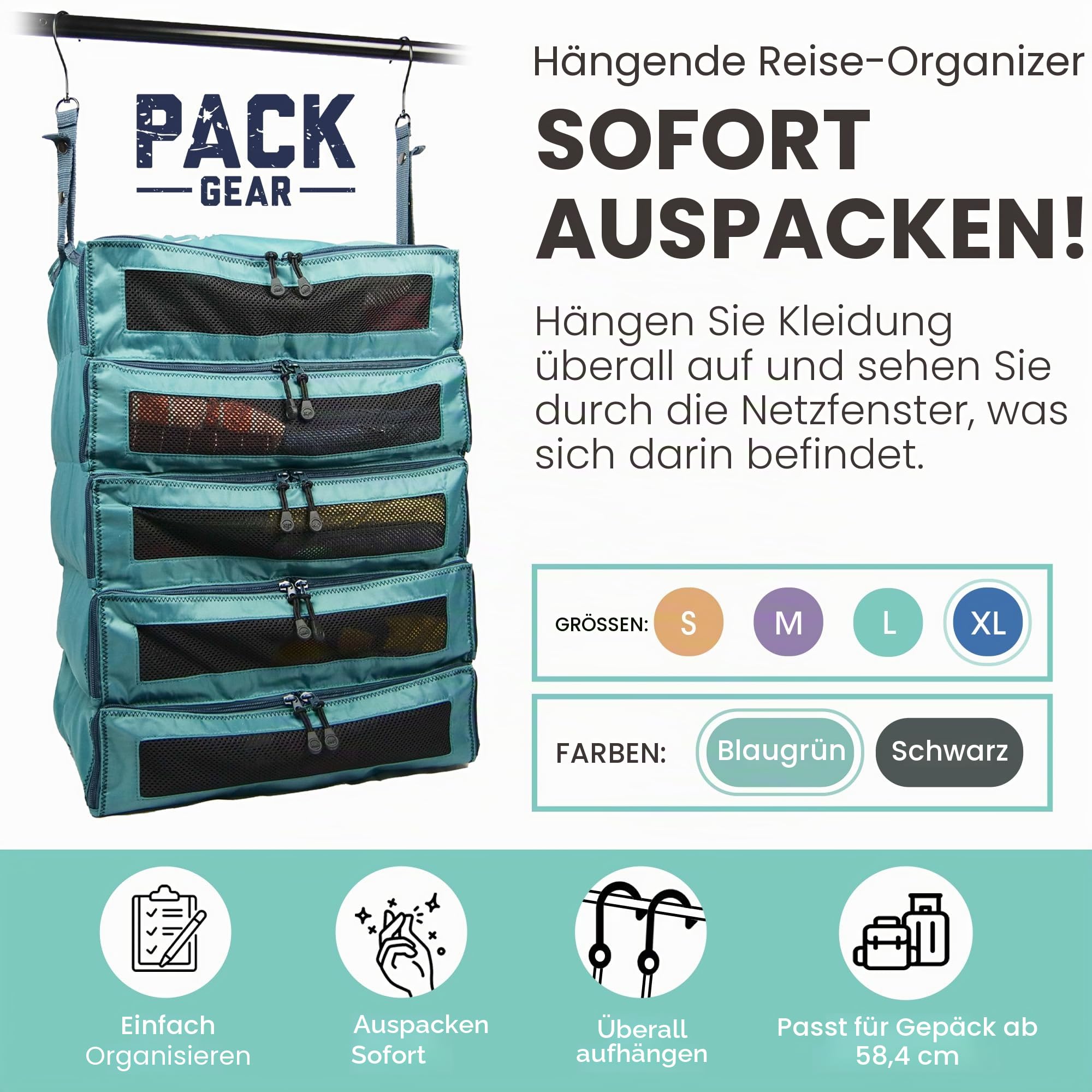 Pack Gear Koffer-Organizer zum Aufhängen, Reiseutensilien, Faltbare Packwürfel, groß oder Handgepäck, Regal-Organizer für Schrank (grün) (XL)