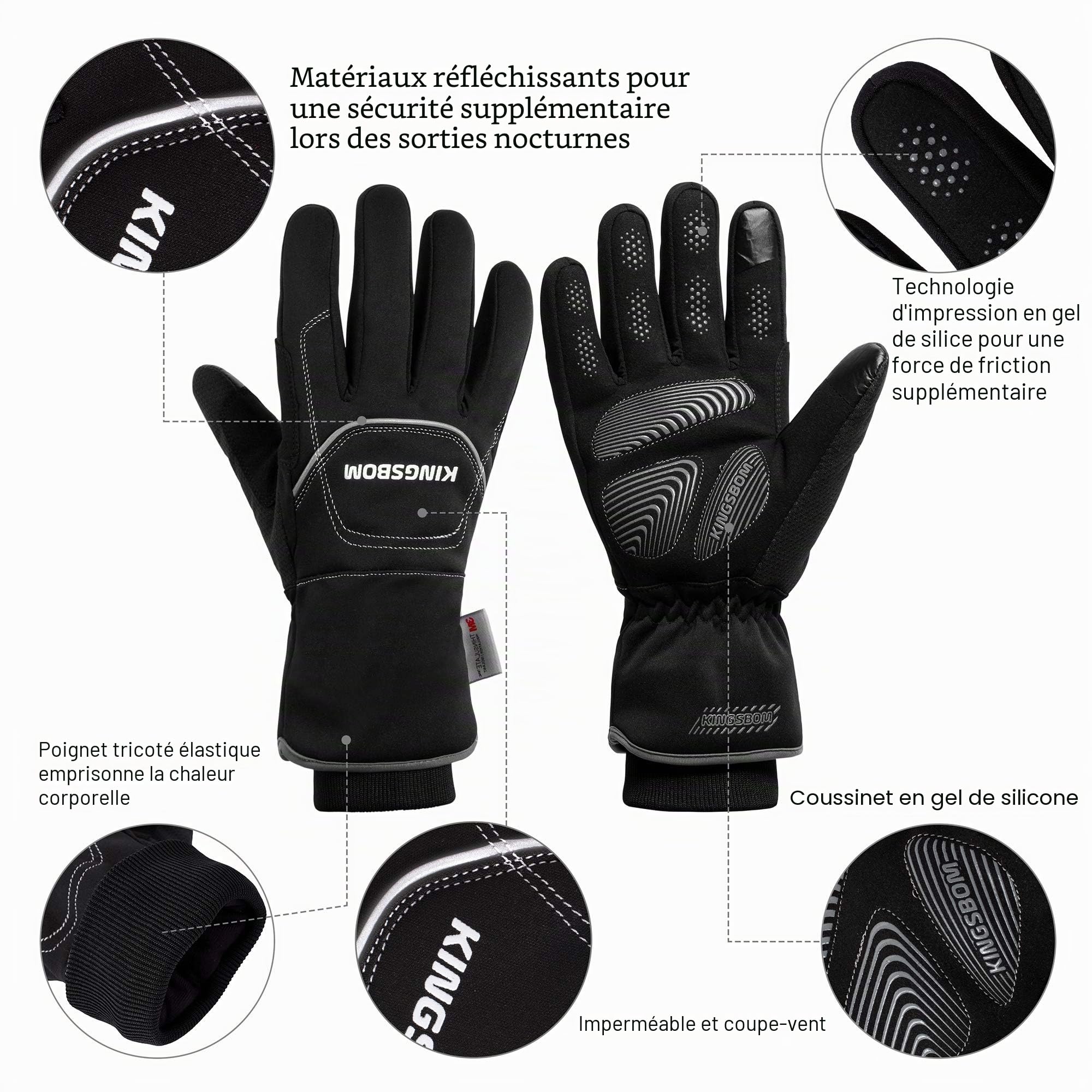 Gants Thermiques Imperméables Coupe-Vent 3M Thinsulate Tactile d'Hiver pour Cyclisme Course à Pied