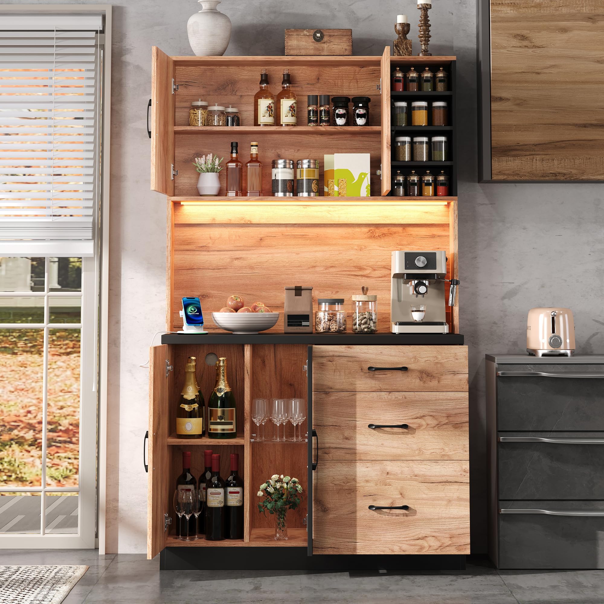 Mobile moderno da cucina, 105 × 38,3 × 180 cm, nero + effetto legno, ripiani regolabili, adatto per cucina, sala da pranzo, soggiorno