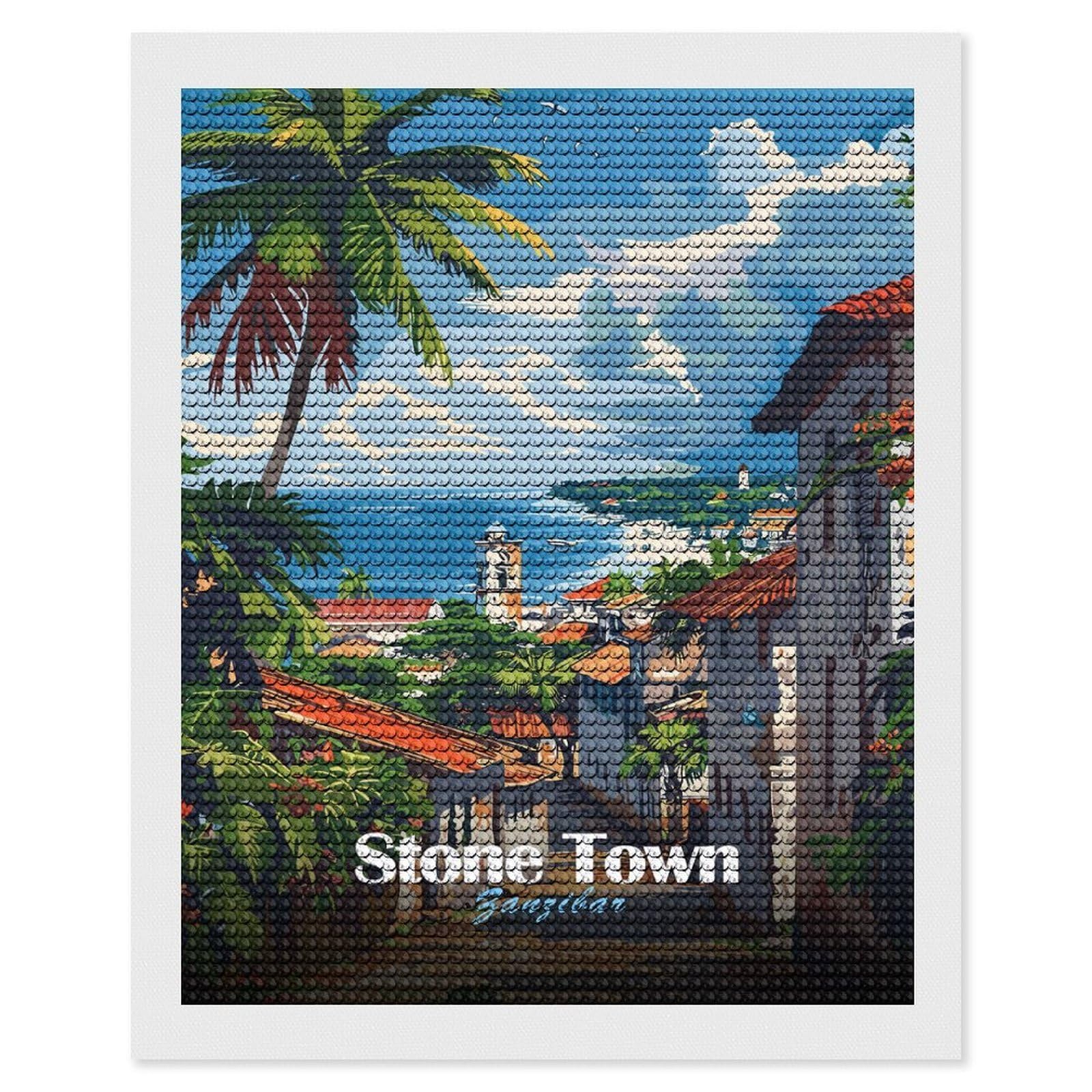 Junmoney Stone Town Zanzibar Diamond Art Kit 16"x20", Vintage Style Decor, Stress Relief Craft, Decor Project, Relaxing DIY, Creative Hobby