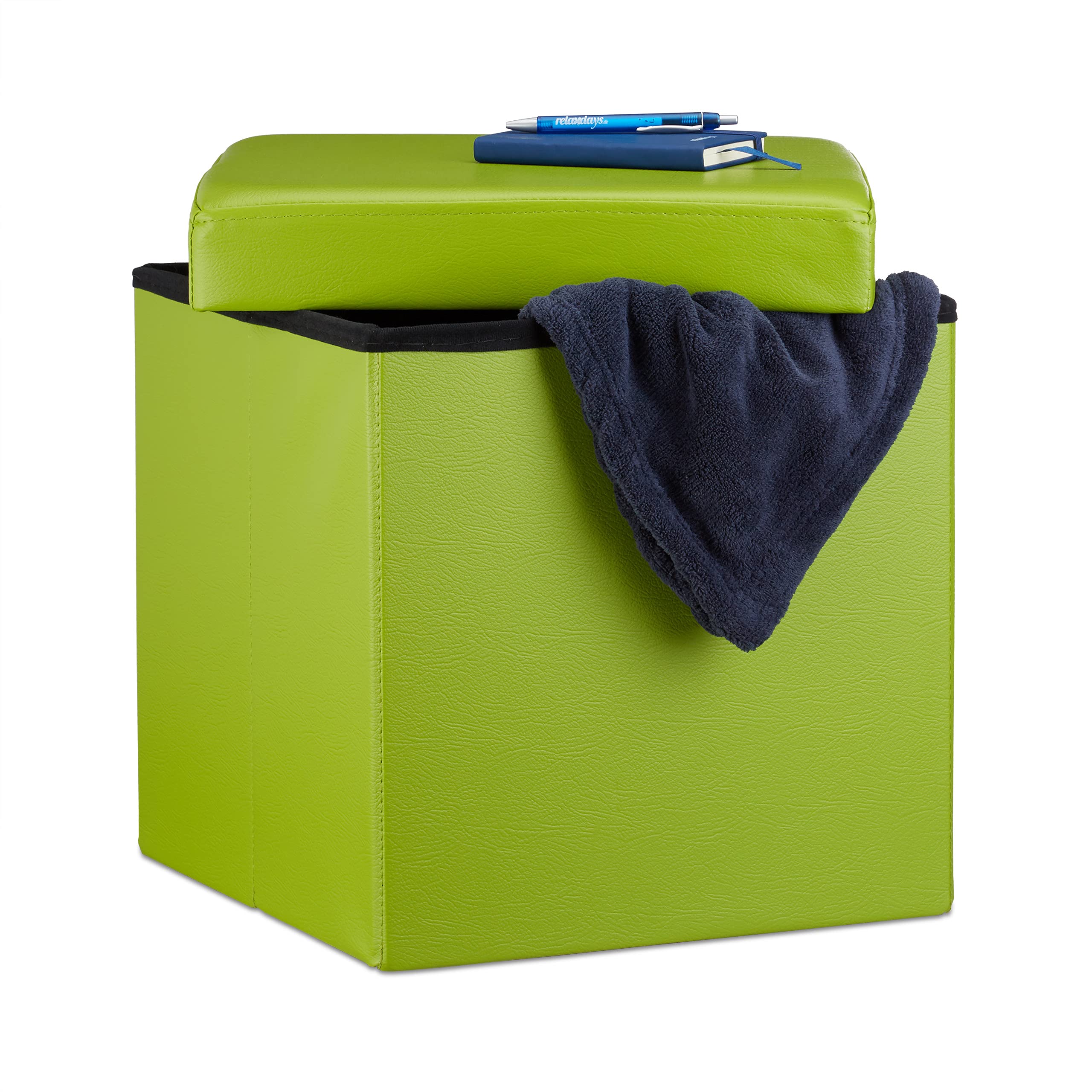 Relaxdays Sgabello, Coperchio, Pouf Contenitore, Poggiapiedi, in Ecopelle, H x L x P: 38 x 38 x 38 cm ca.. verde